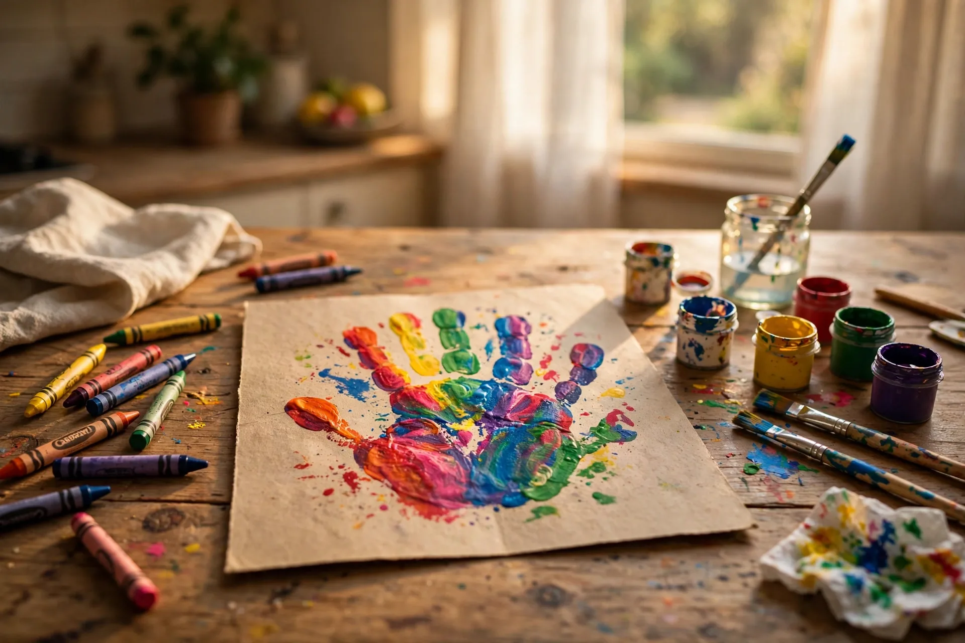 A child's colorful handprint on a homemade Father's Day card at a kitchen table