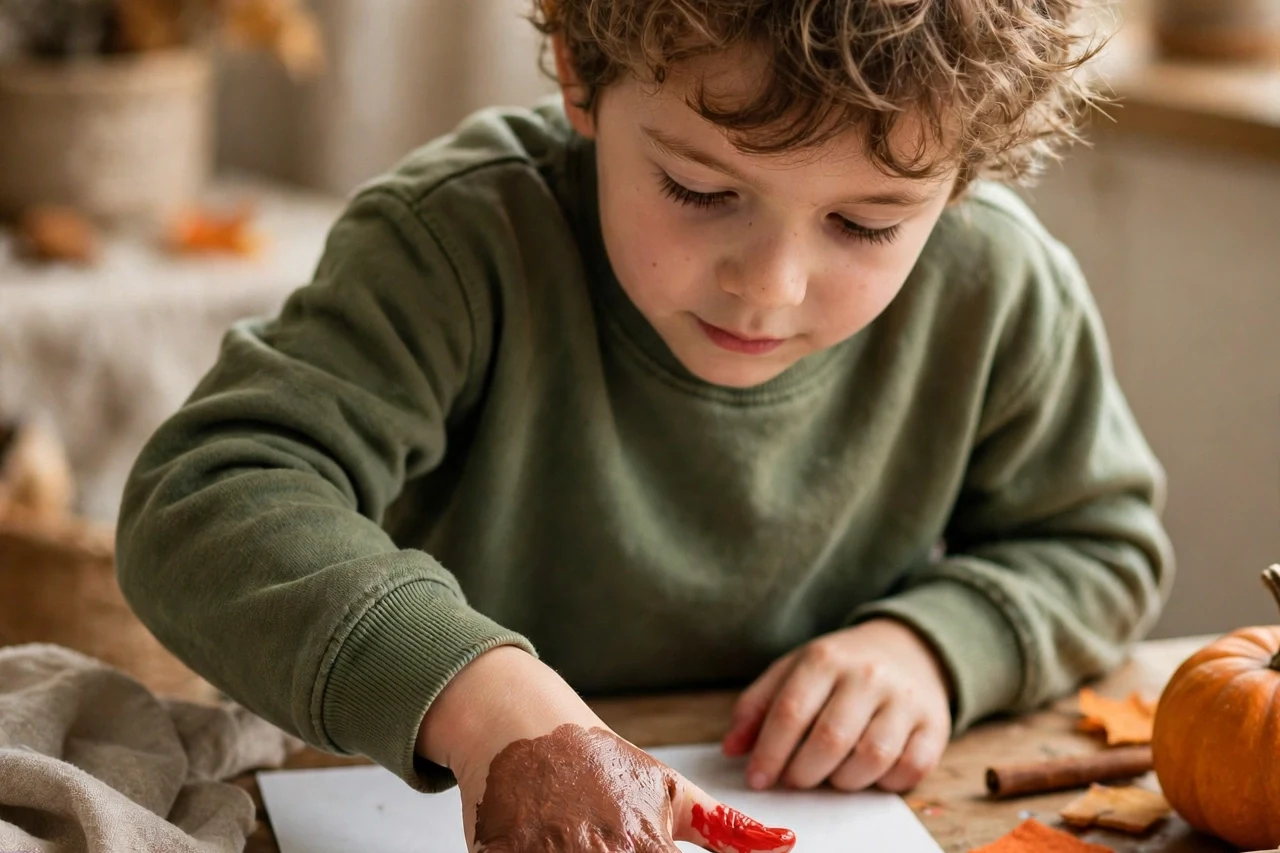 Child making a Thanksgiving handprint turkey craft with painted fingers