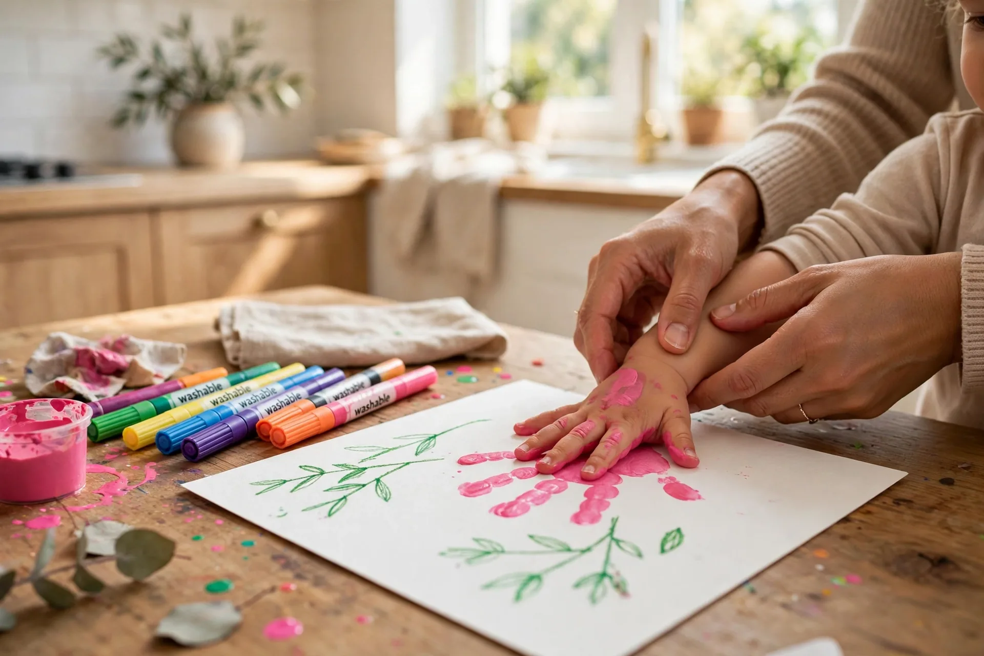 Toddler making a handprint flower painting with pink washable paint at a kitchen table, guided by mom's hands