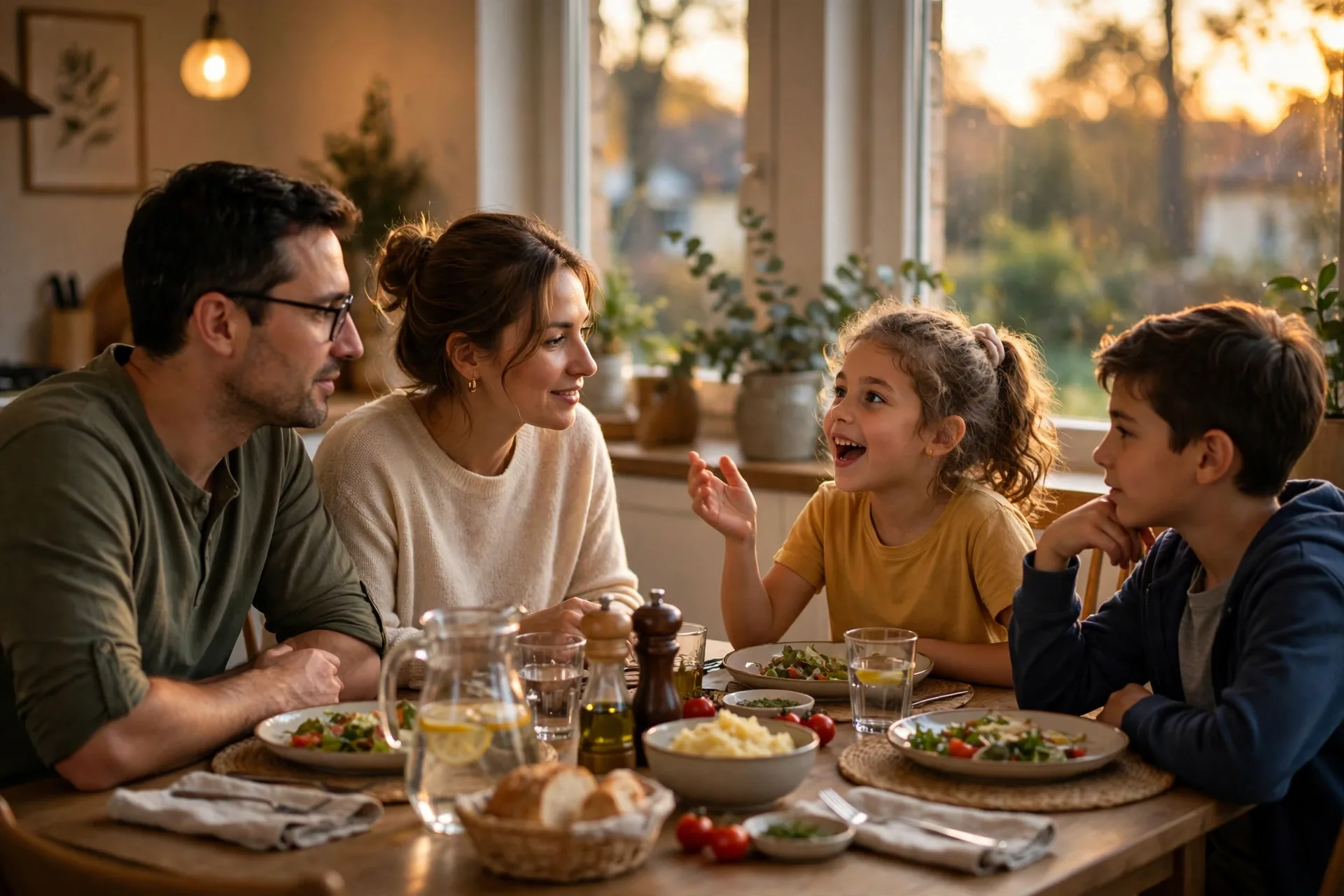 A family at a dinner table sharing highs and lows of the day, everyone listening