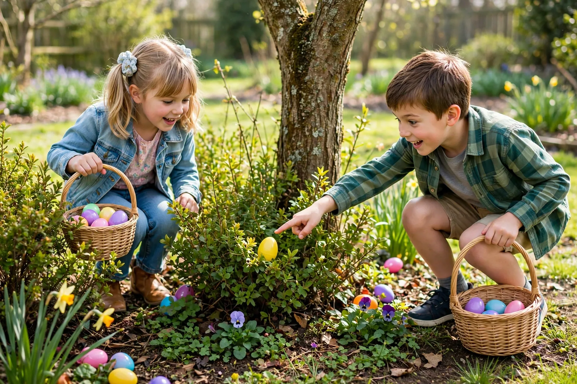 Two young kids with Easter baskets finding colorful eggs hidden under garden shrubs