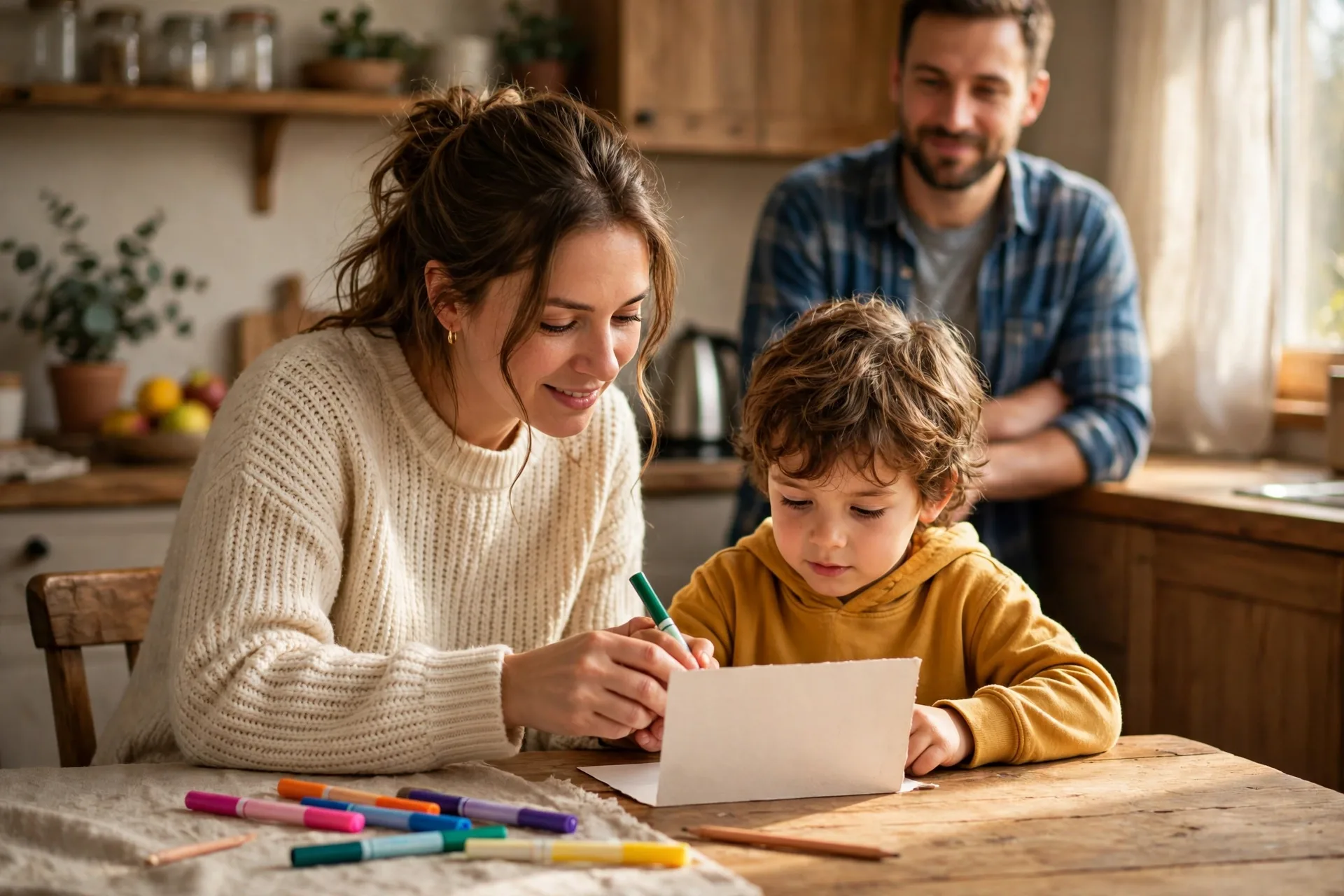 A mom helping a small child fill in an All About Dad interview card at the kitchen table