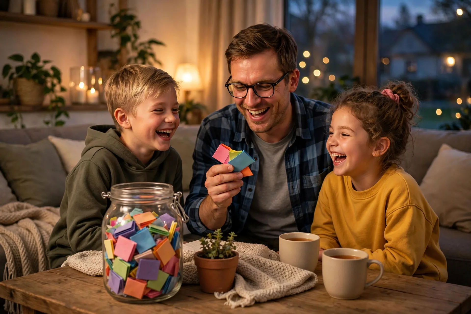 A glass jar full of colorful folded joke slips on a living room table, Dad reading one aloud