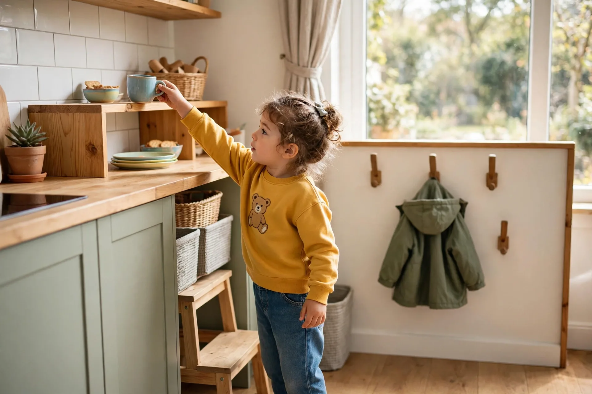 A small child reaching a cup from a low kitchen shelf and hanging a coat on a low hook