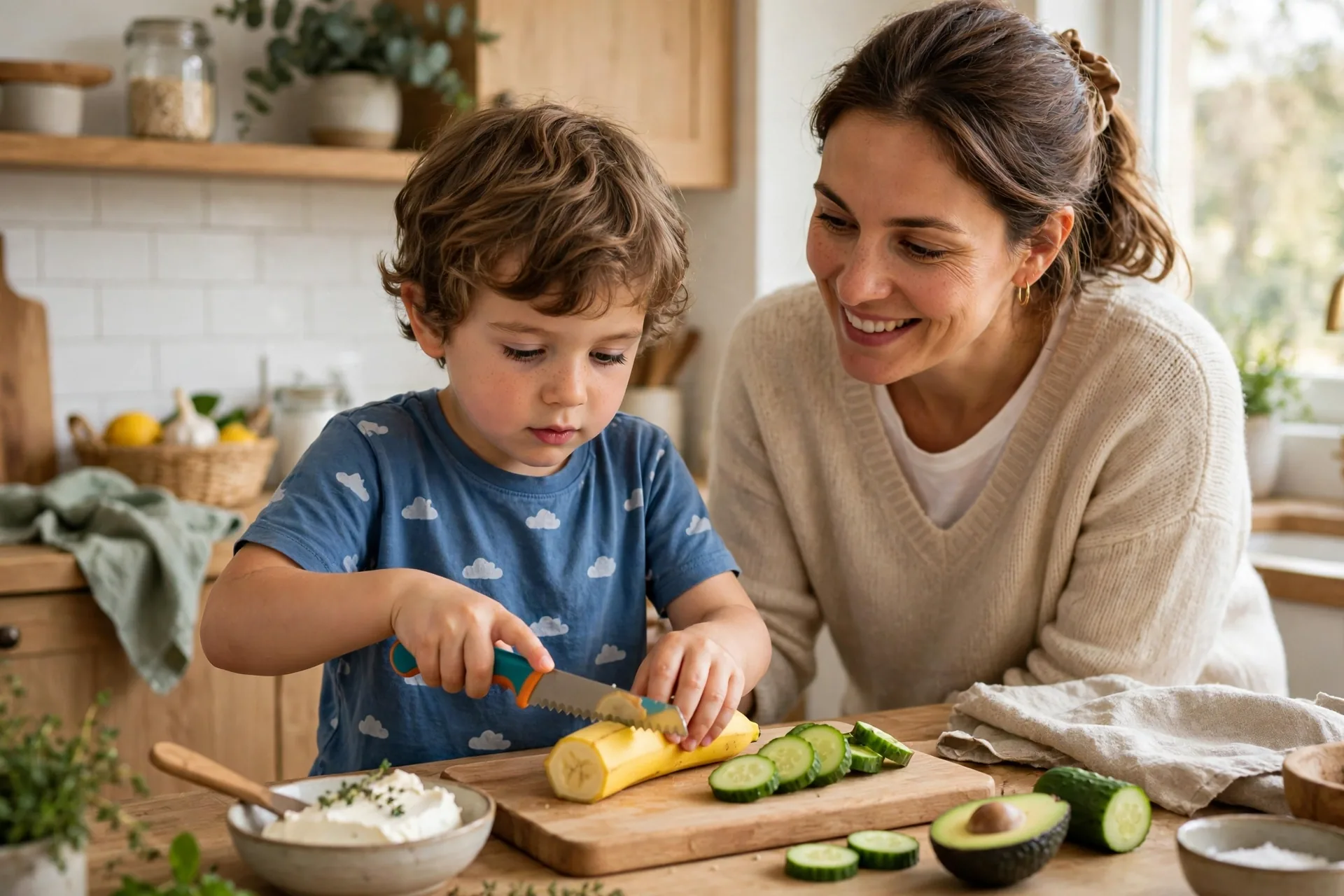 Young child slicing a banana with a kid-safe knife on a cutting board while mom supervises