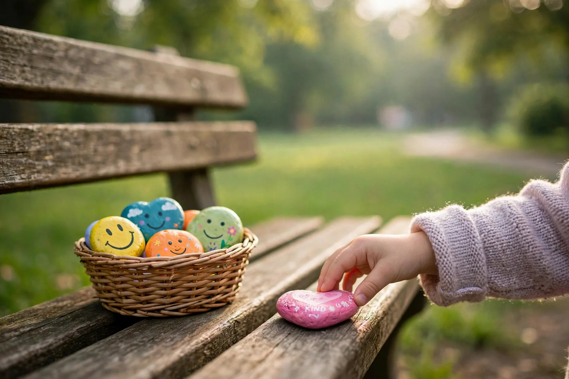 Child placing a painted heart kindness rock on a park bench