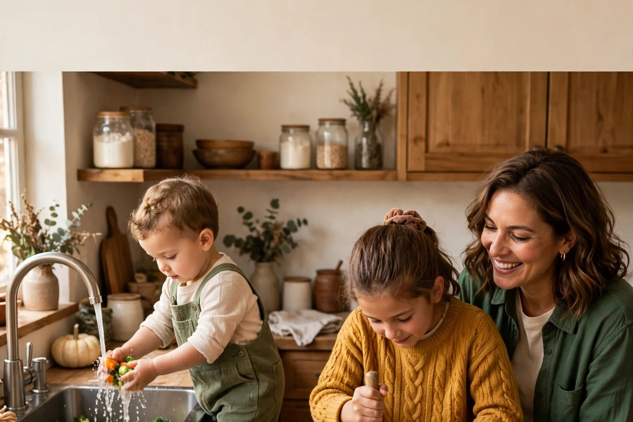 Kids helping in the kitchen on Thanksgiving &mdash; washing vegetables and mashing potatoes