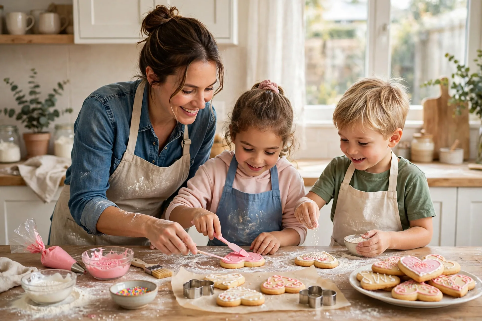 Mom and kids decorating heart-shaped sugar cookies with pink icing and sprinkles