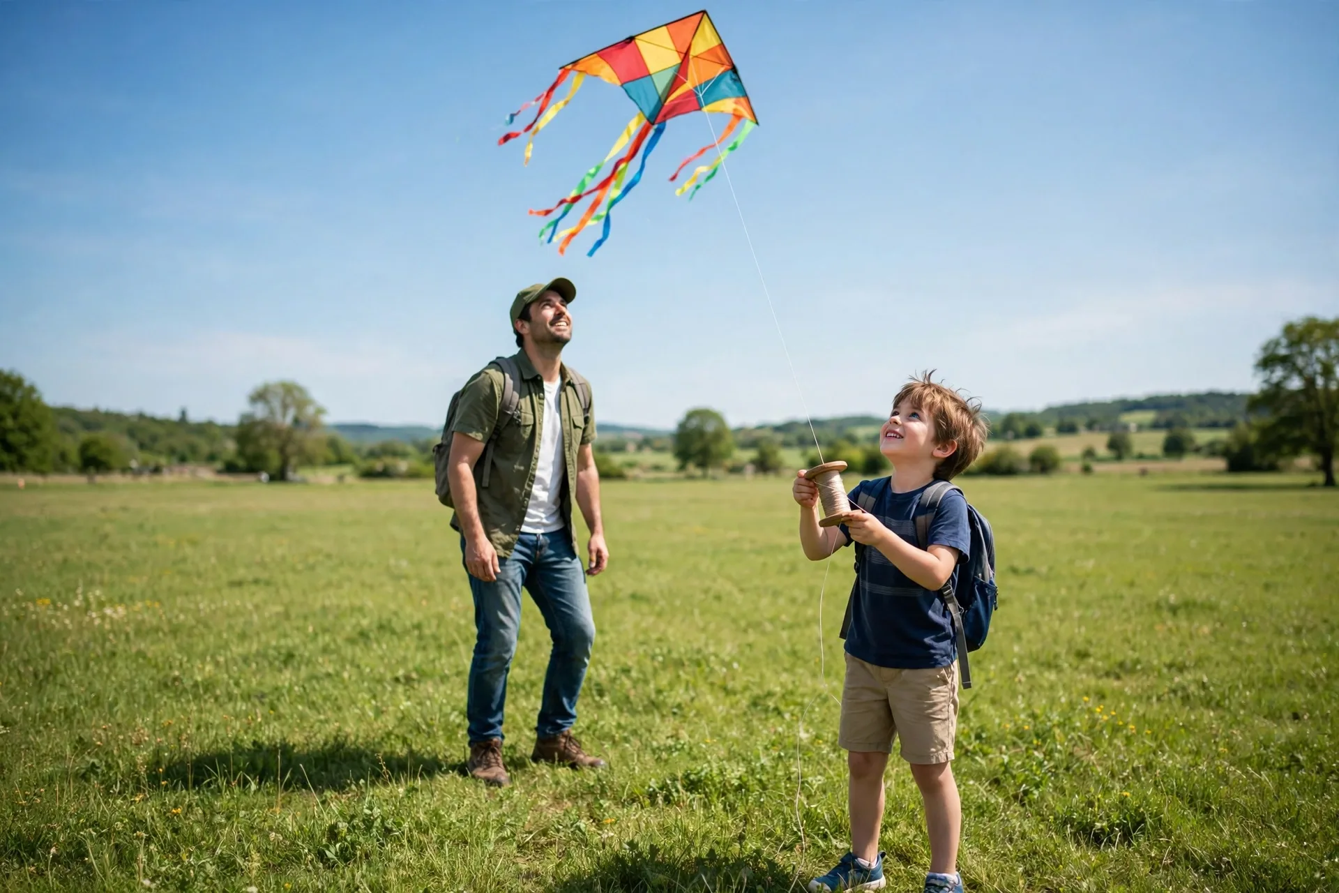 A dad and a child flying a colorful diamond kite in a wide green field