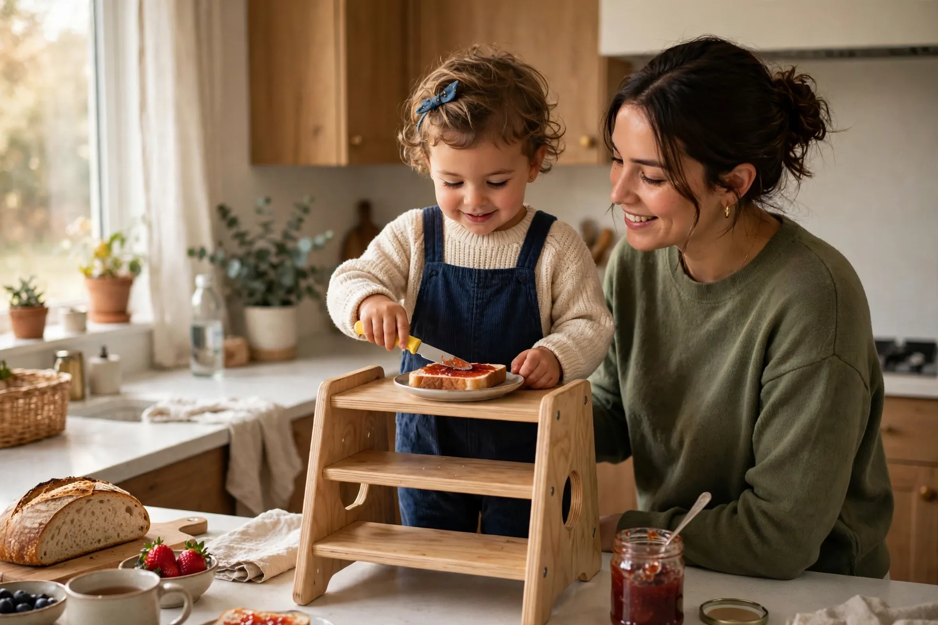 A toddler on a learning tower spreading jam on toast with mom beside her