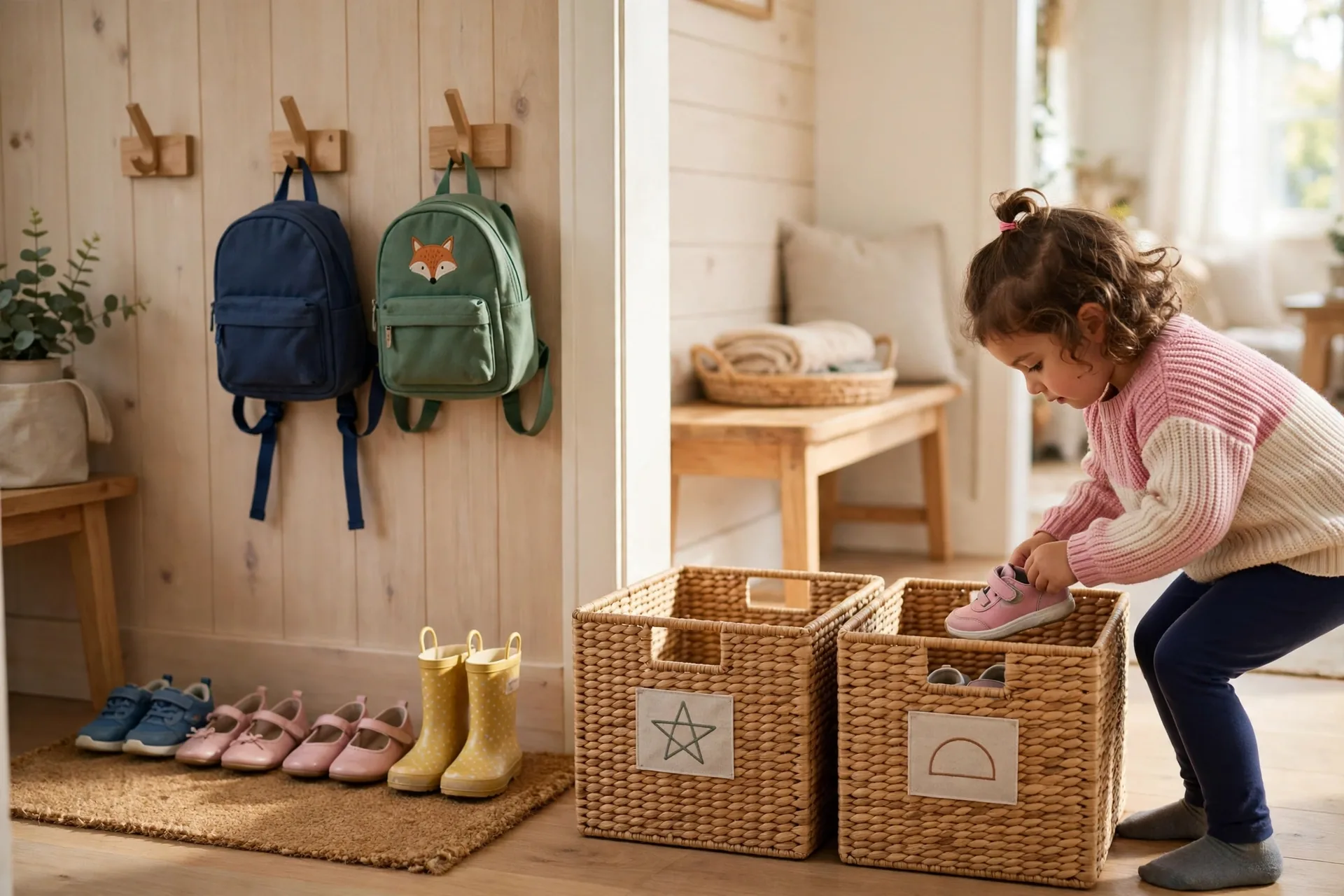 Entryway launch pad with storage bins, backpacks on low hooks and little shoes in a neat row