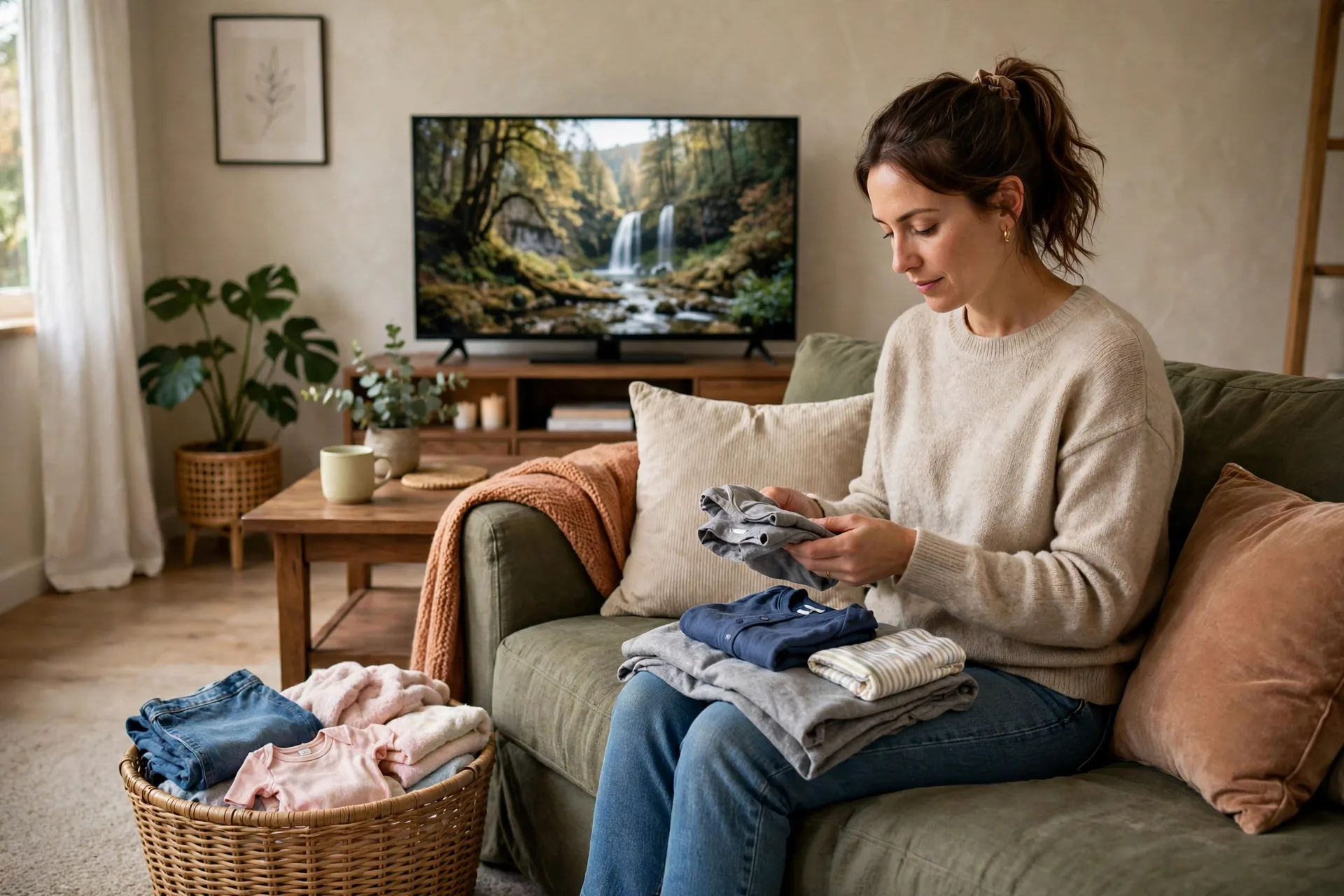 A mom folding one small load of laundry on a couch while a show plays on the television
