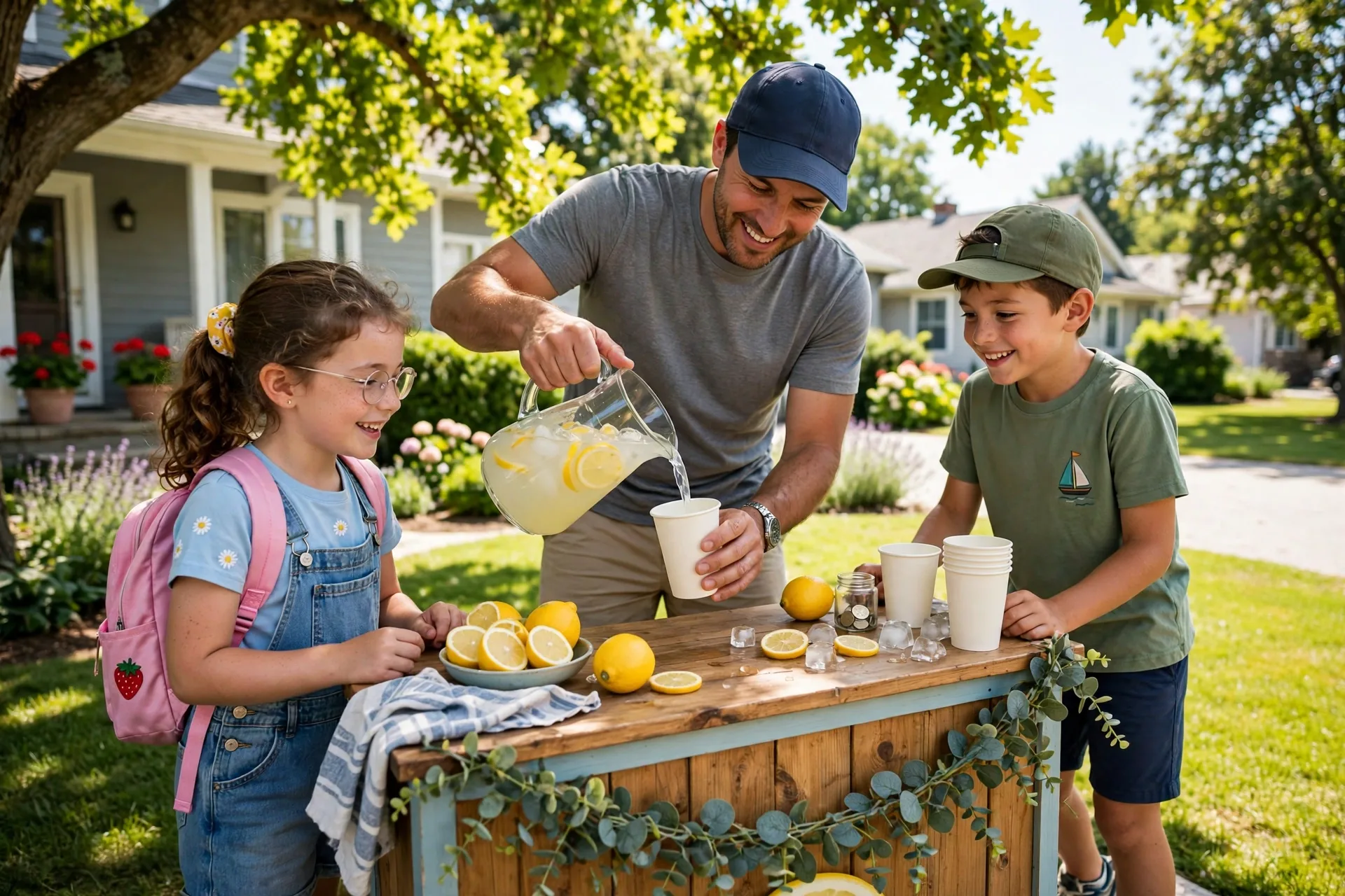 Two kids running a lemonade stand with a pitcher of lemonade and paper cups in a front yard