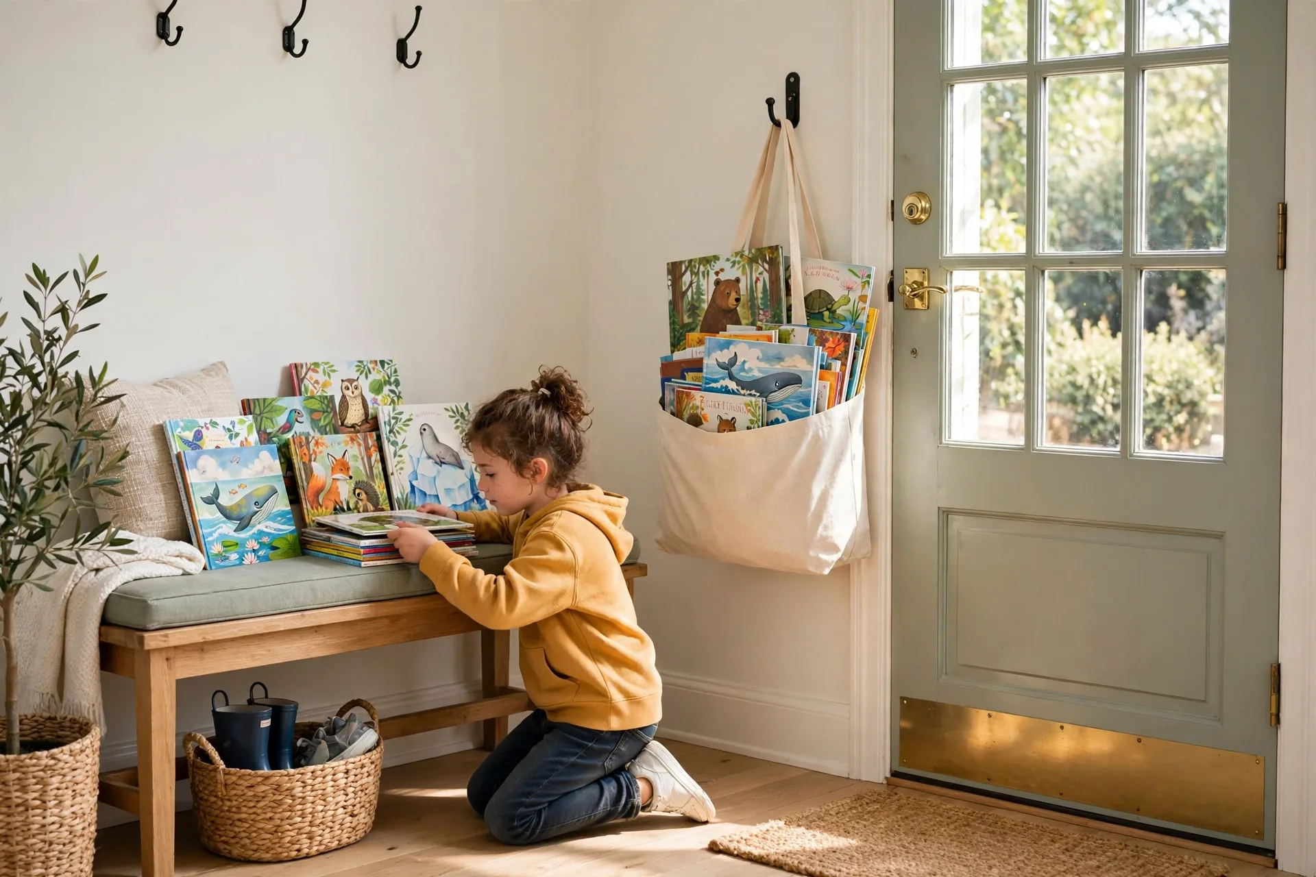 A library bag packed with picture books hanging by the front door