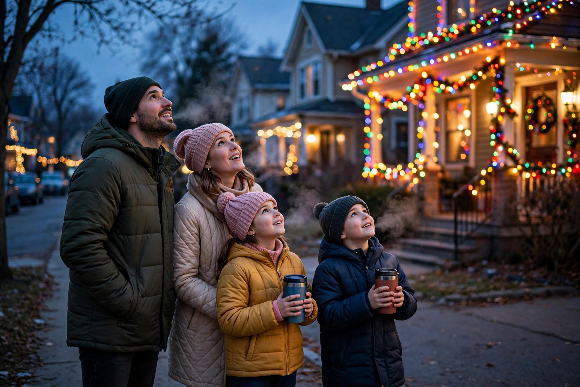 Family looking at a house covered in Christmas lights at dusk