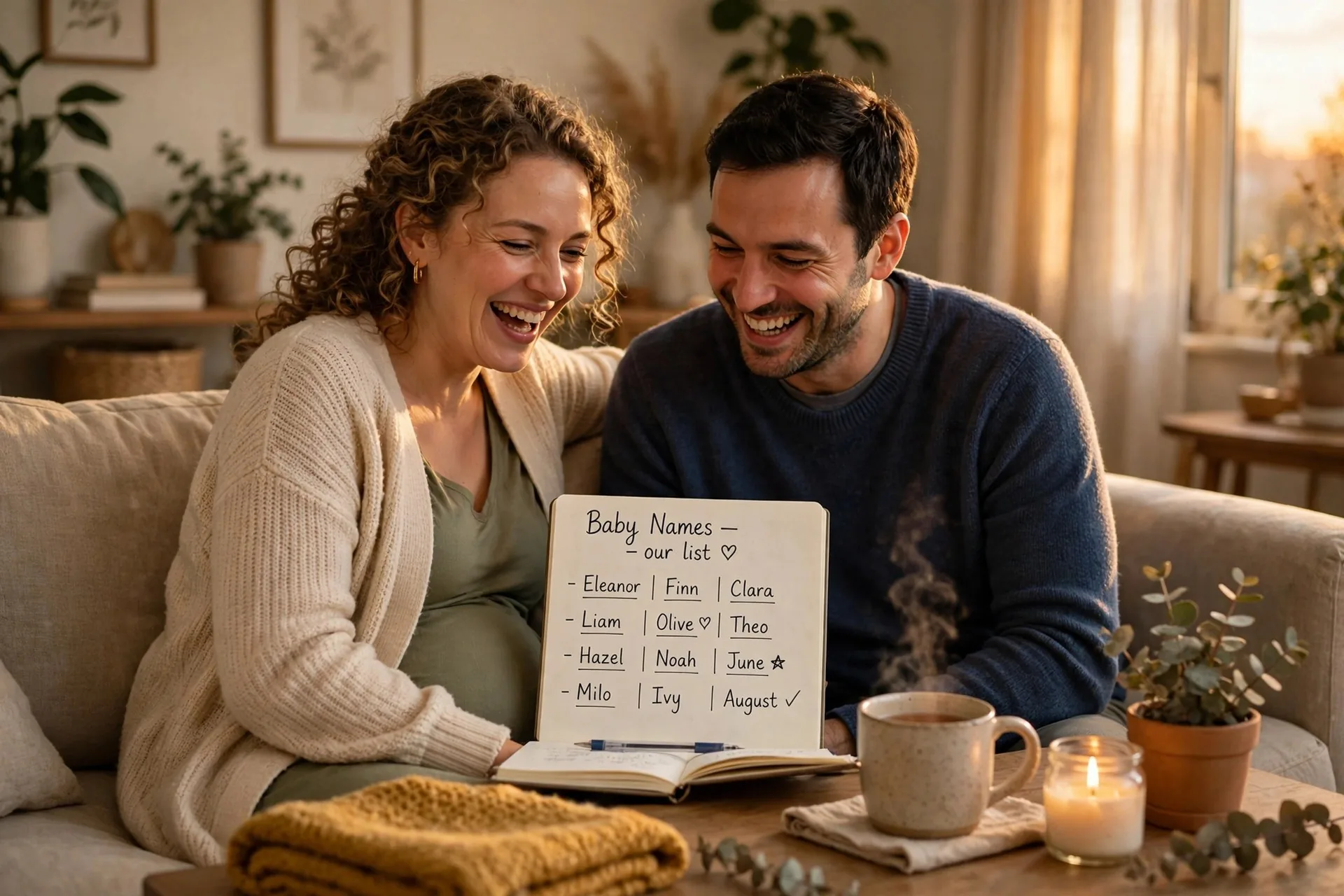 Expectant parents on a sofa looking through handwritten baby name lists together