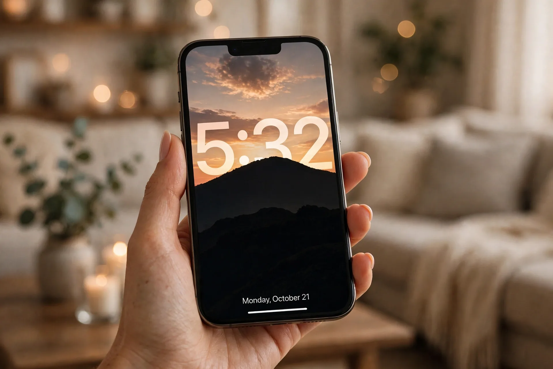 Hand holding an iPhone showing a sunset lock screen wallpaper with the clock layered behind a hill silhouette