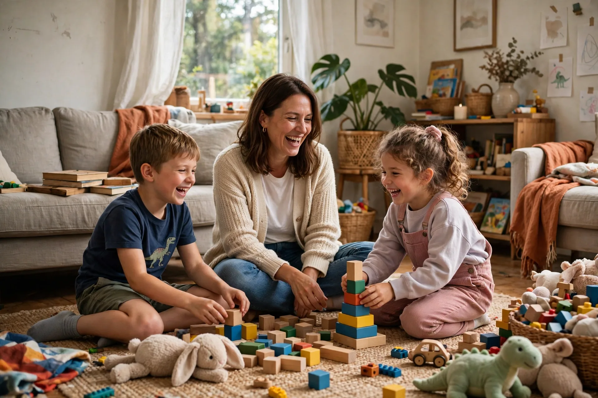 A mom sitting on the floor playing blocks with her two kids in a lived-in living room