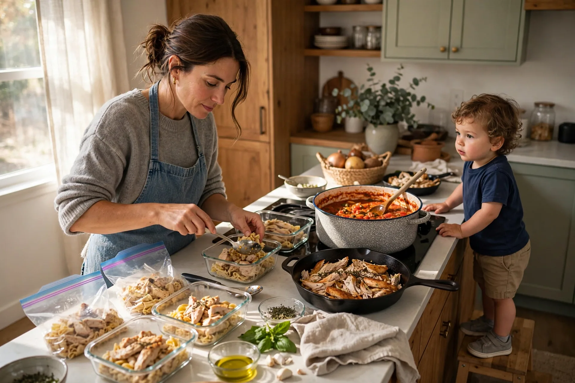 Mom portioning batch-cooked food into glass containers and labeled freezer bags on a kitchen counter
