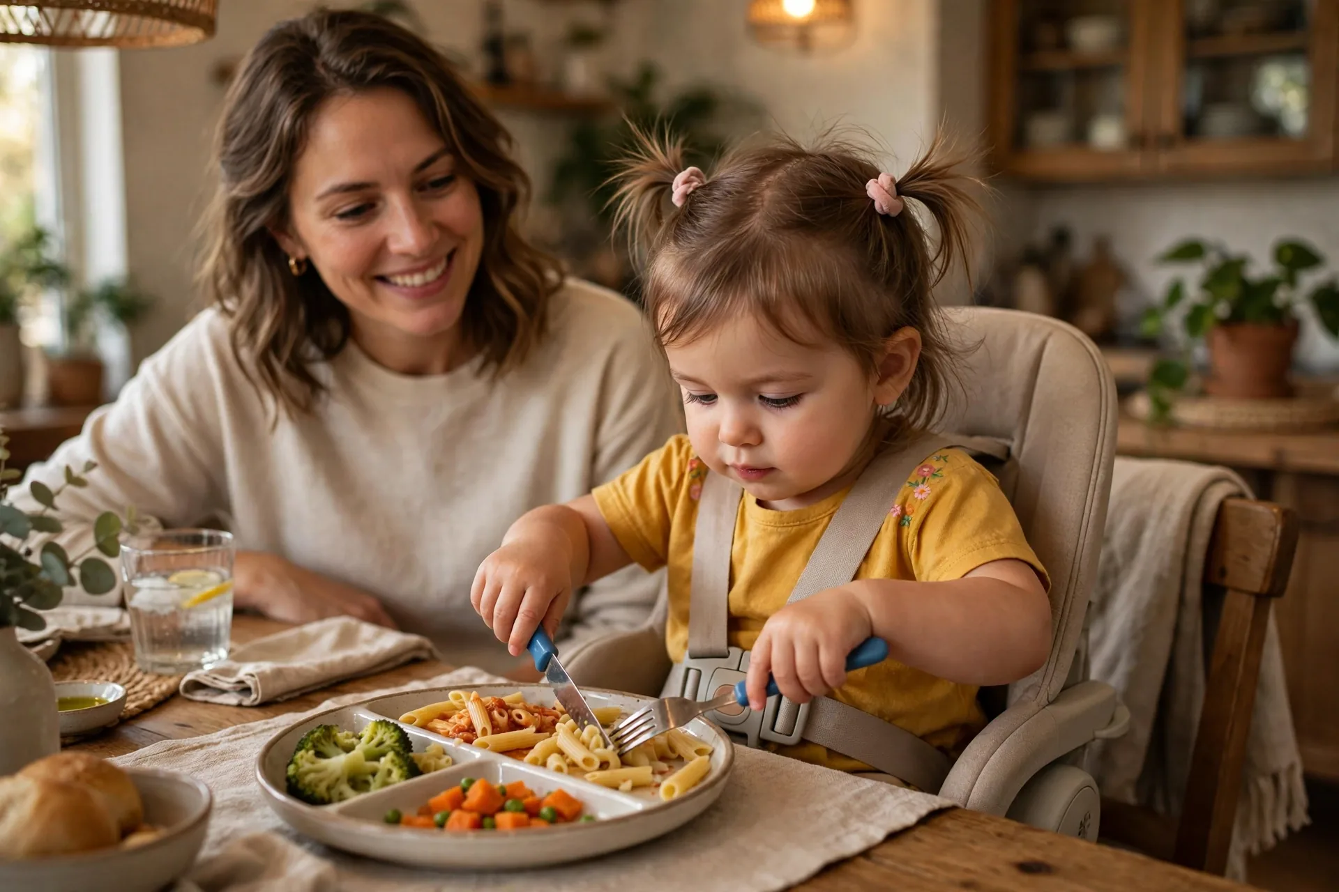 Toddler at the family table pushing food onto her fork from a divided plate while her mom watches