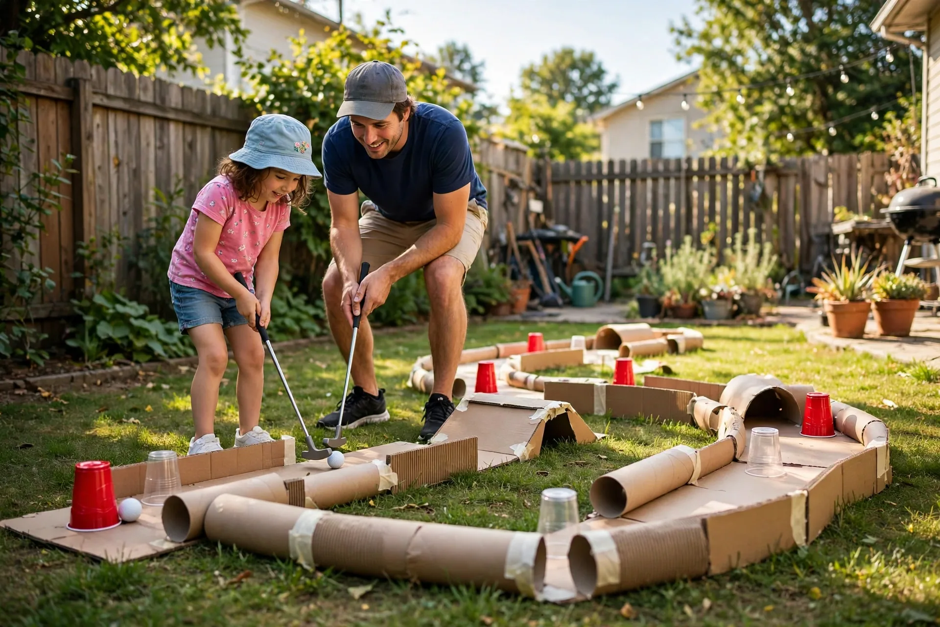 A homemade backyard mini-golf course made from cardboard tubes and plastic cups