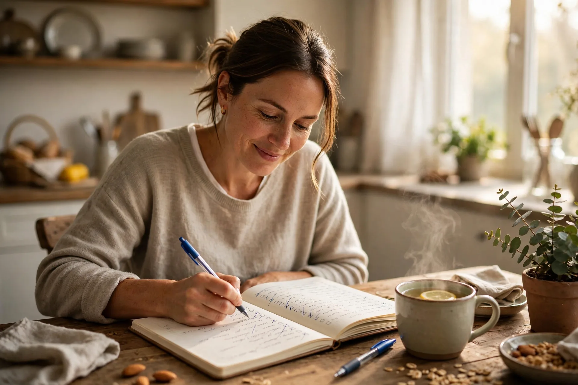 A mom at a kitchen table with a notebook, crossing one thing off a long list with relief