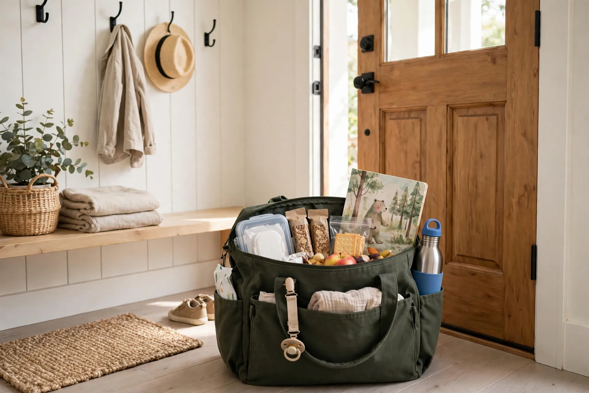 A packed mom bag by the front door with snacks, wipes, a water bottle and a book