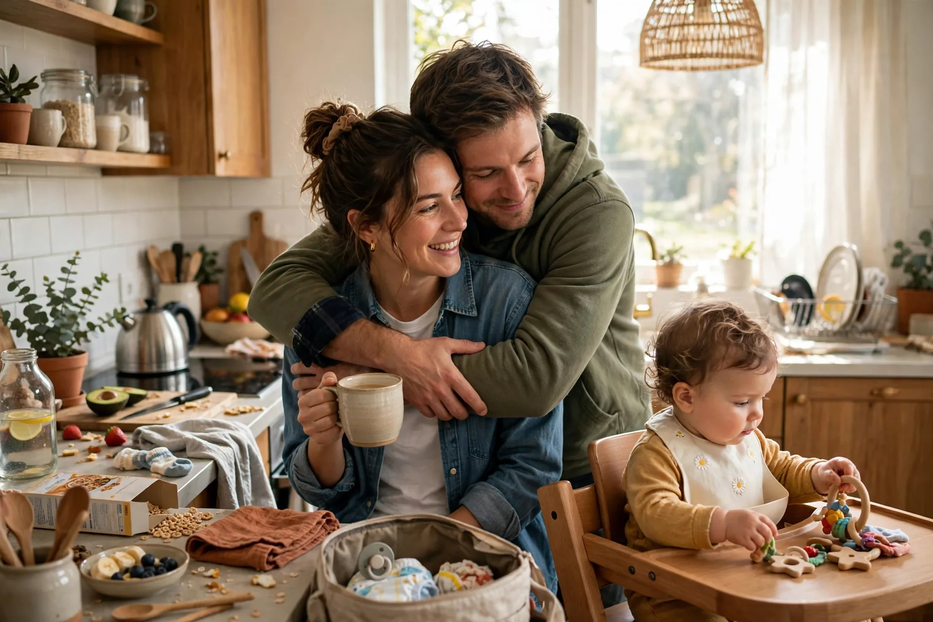 Partner hugging mom from behind in a sunny kitchen while their baby plays in a high chair nearby