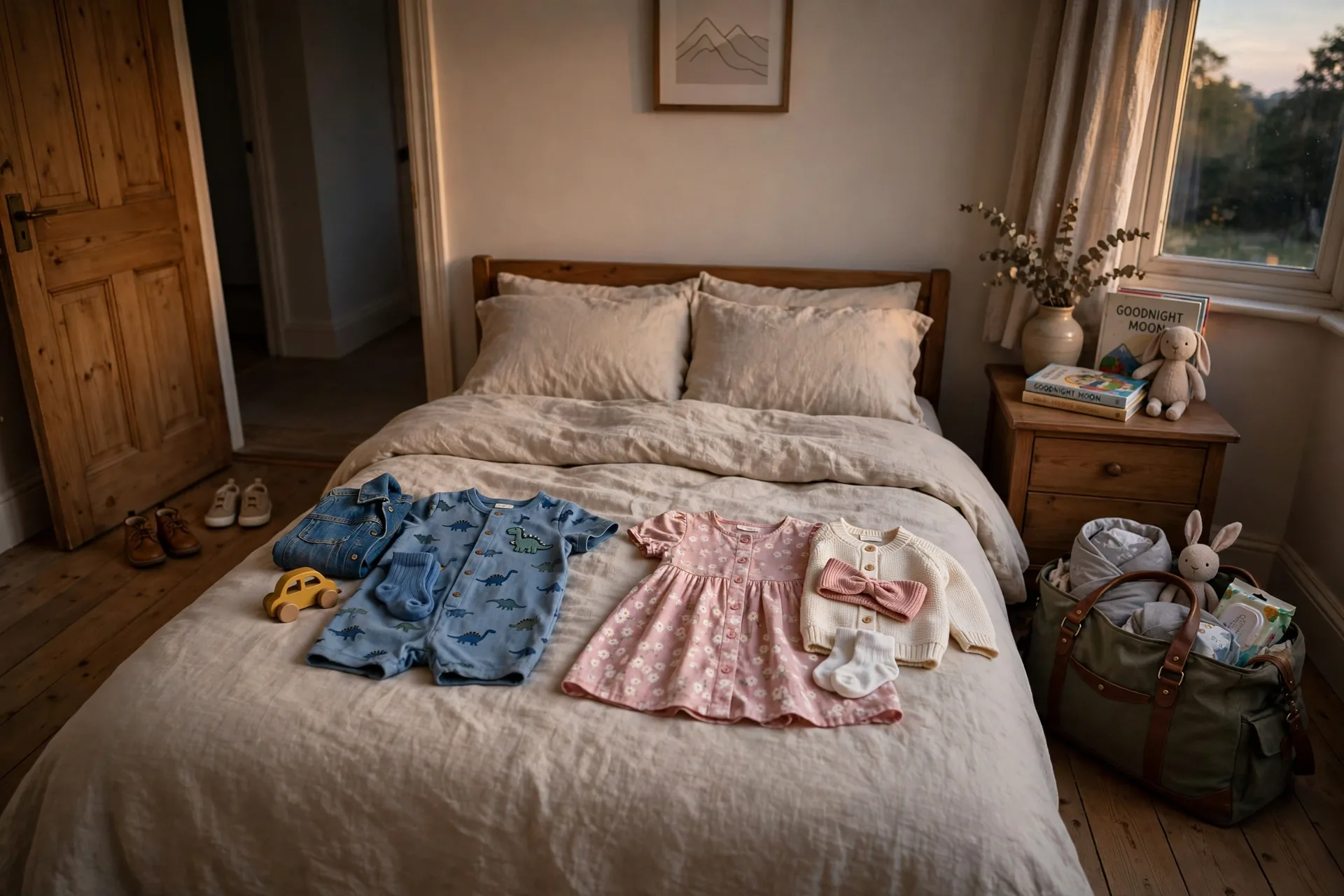 Two toddler outfits laid out on a bed the night before with shoes by the door