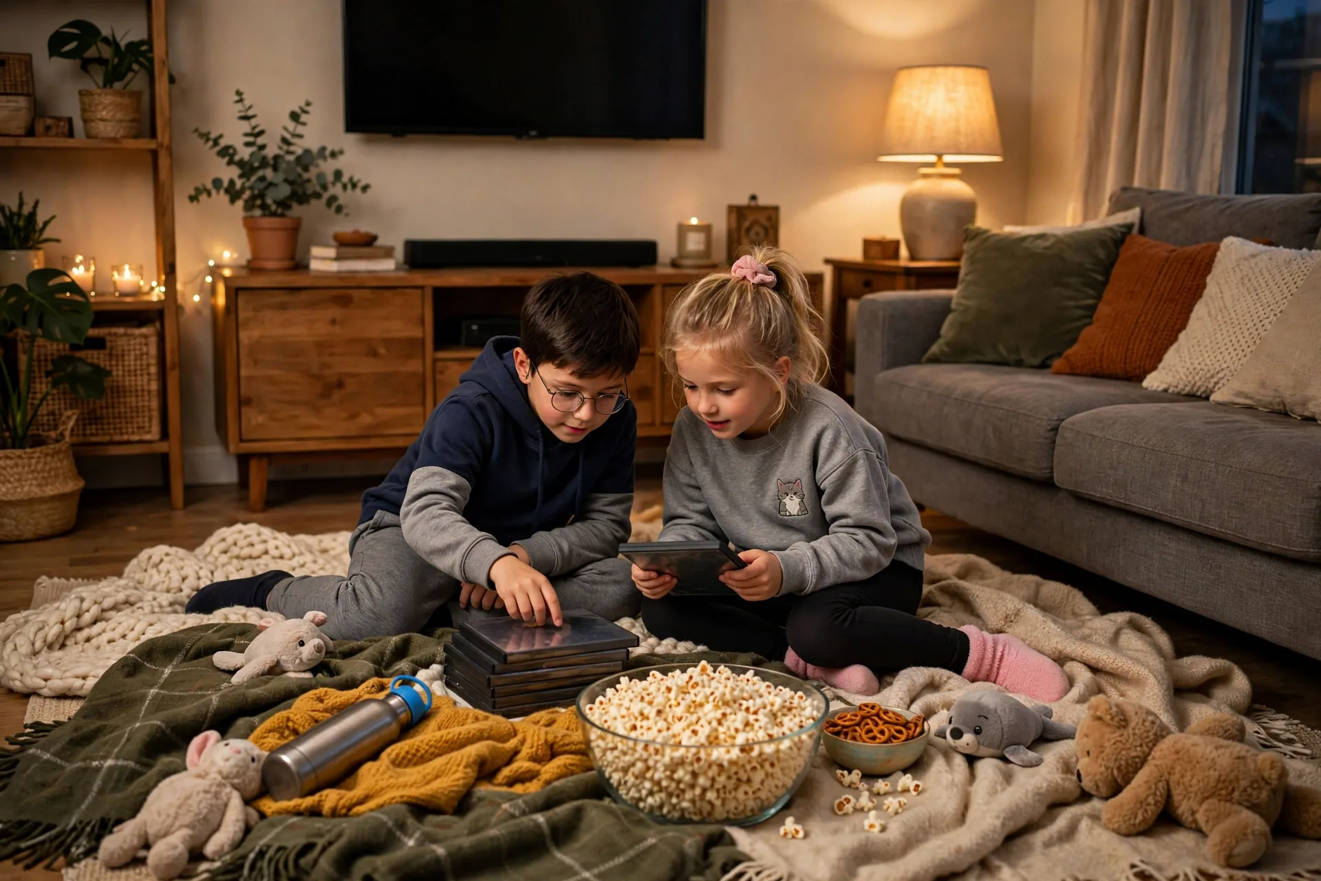 A family Friday movie night with blankets on the floor and a big bowl of popcorn
