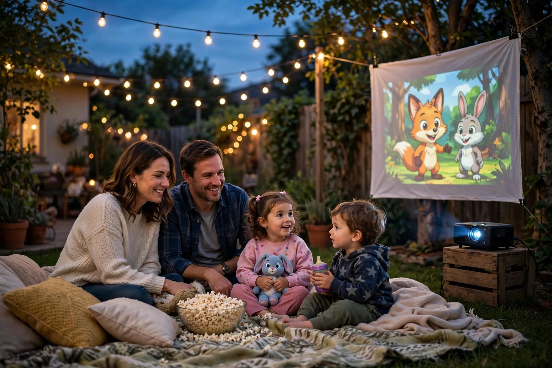 Family on blankets in the backyard at dusk watching a movie on a projection screen with bowls of popcorn