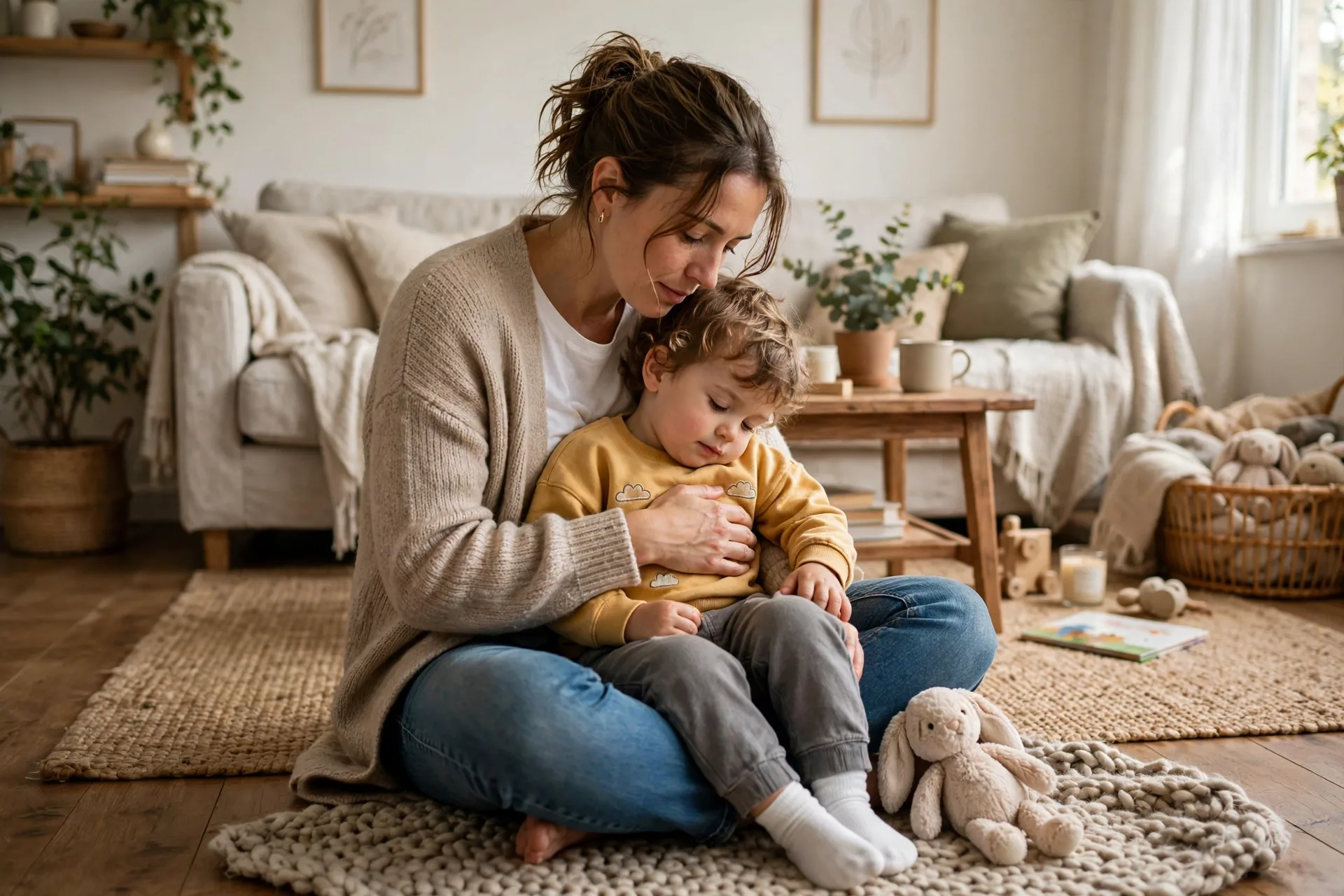 Mom sitting on the floor comforting her upset toddler in her lap