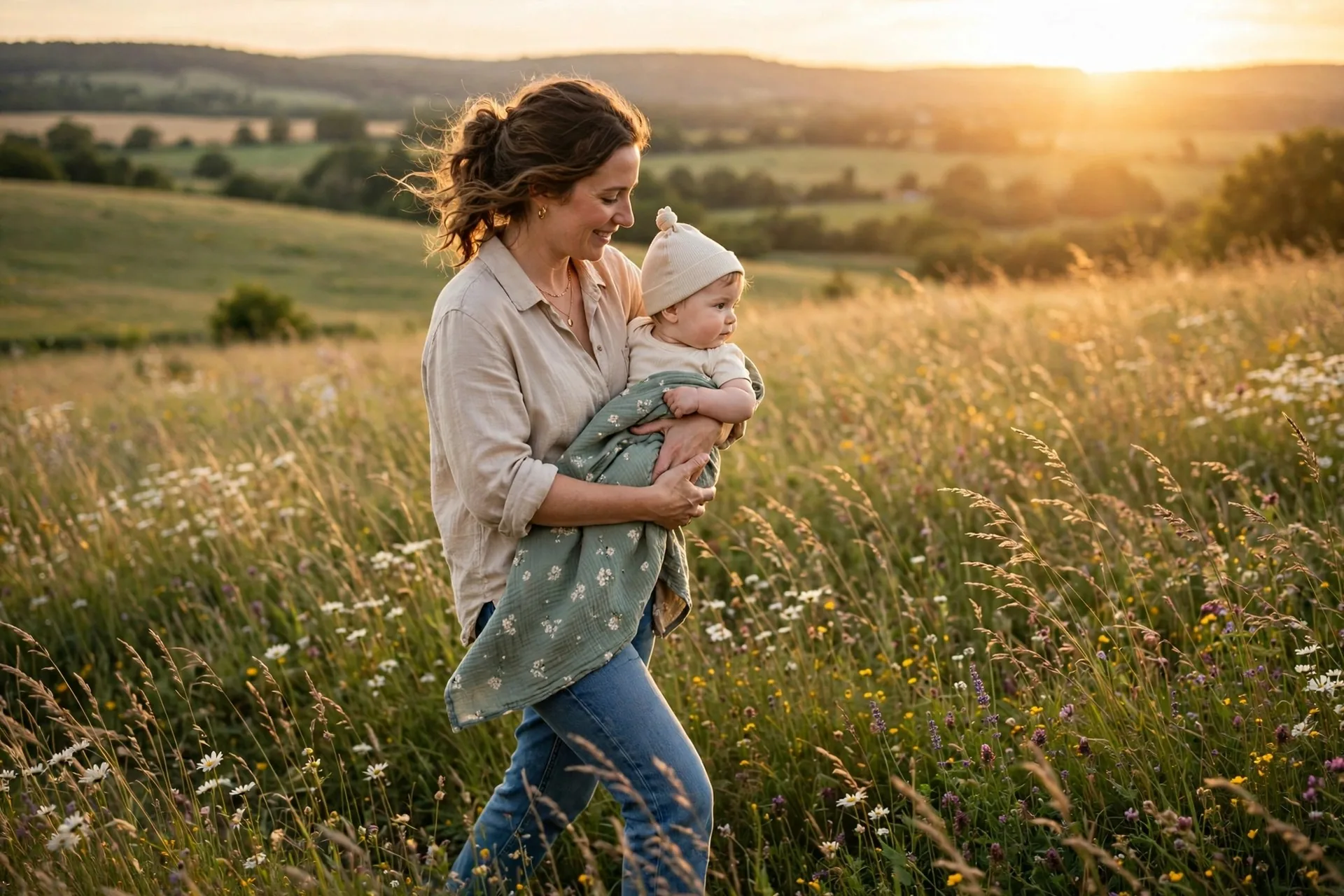 Mom holding her baby in a wildflower meadow at golden hour