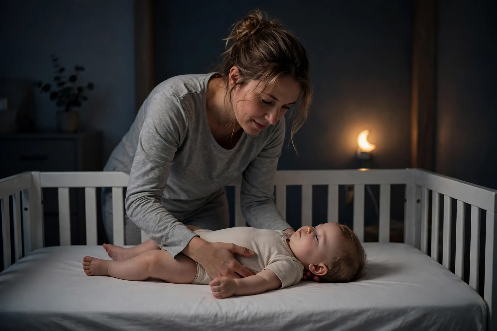 Mom laying her drowsy baby down on her back in an empty crib at night, with a soft night-light glowing