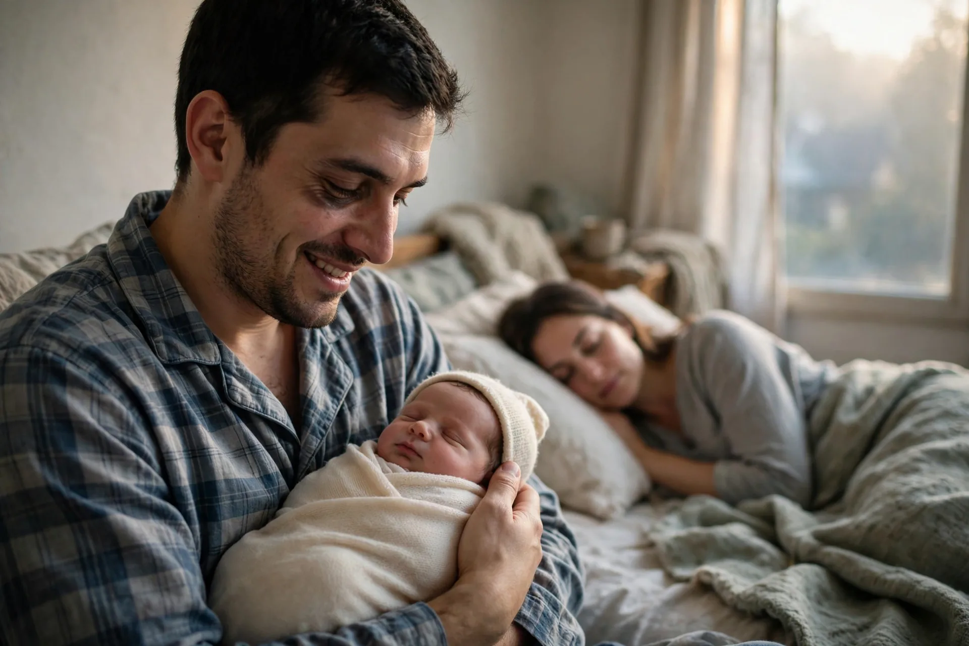 Father in pajamas holding his sleeping newborn at dawn while his partner rests in bed behind him
