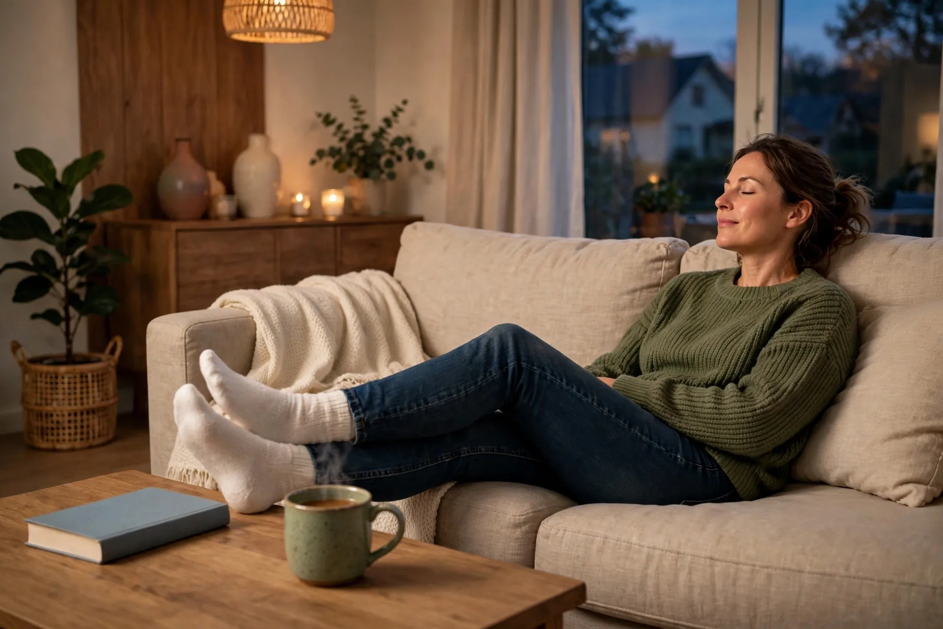 A mom sitting down with her feet up on the couch after dinner, a book and a mug of tea