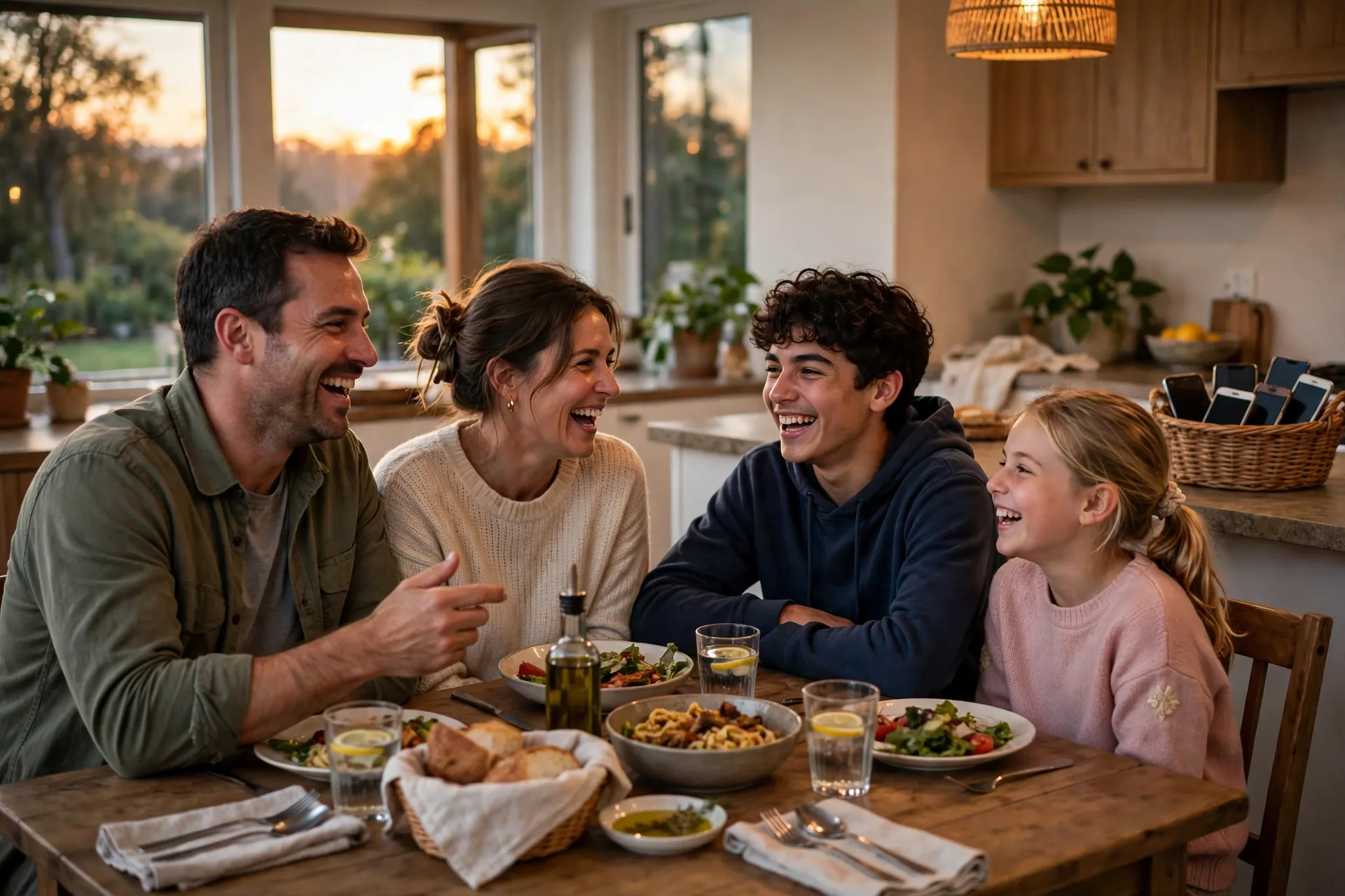 A family eating dinner together at a table with phones in a basket on the counter
