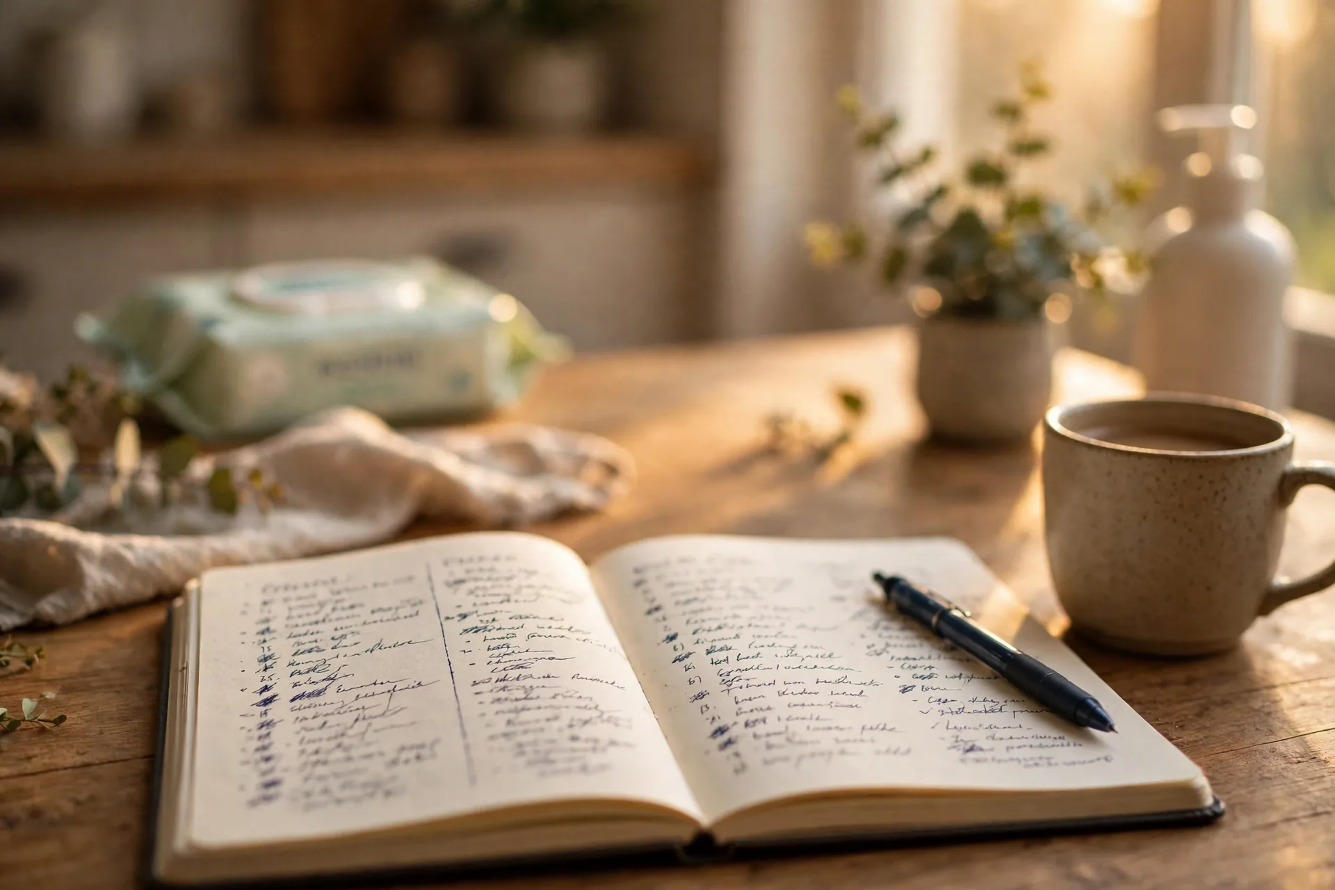 Open notebook with a handwritten pros and cons list, a pen and a cup of coffee