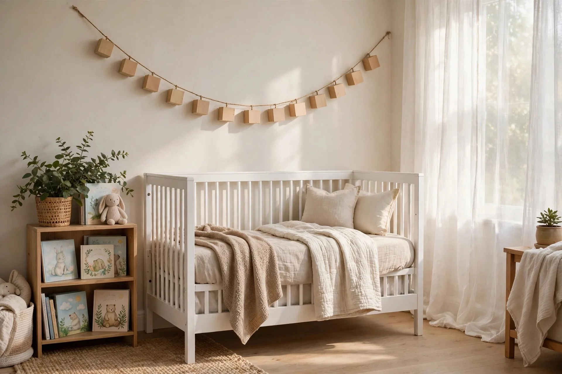 Bright nursery with a white crib, wooden letter block garland and a small bookshelf