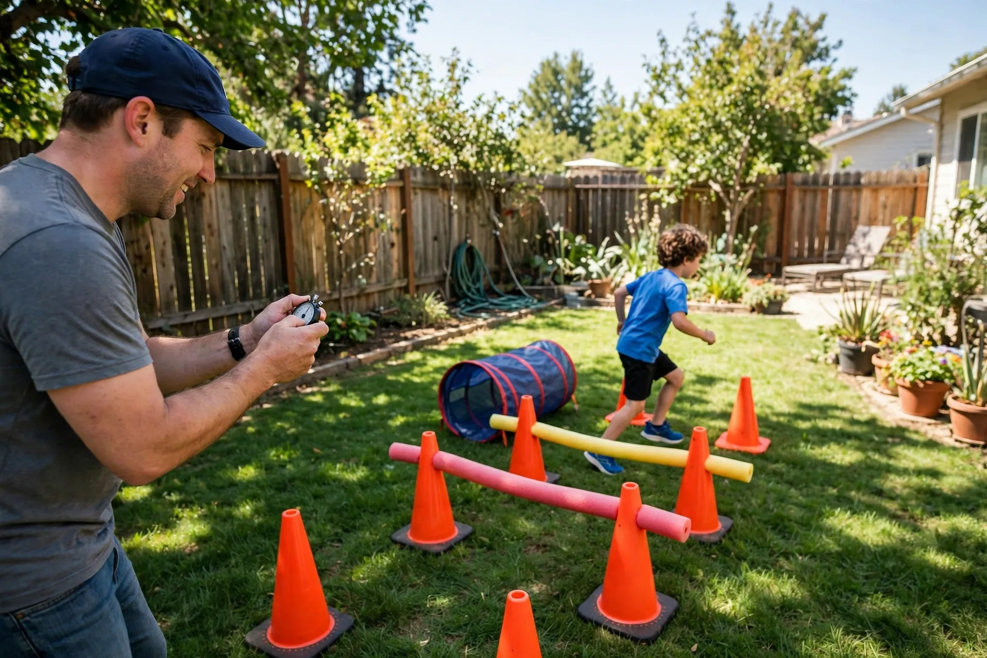 A backyard obstacle course made of pool noodles, cones, and a small tunnel, Dad timing a child