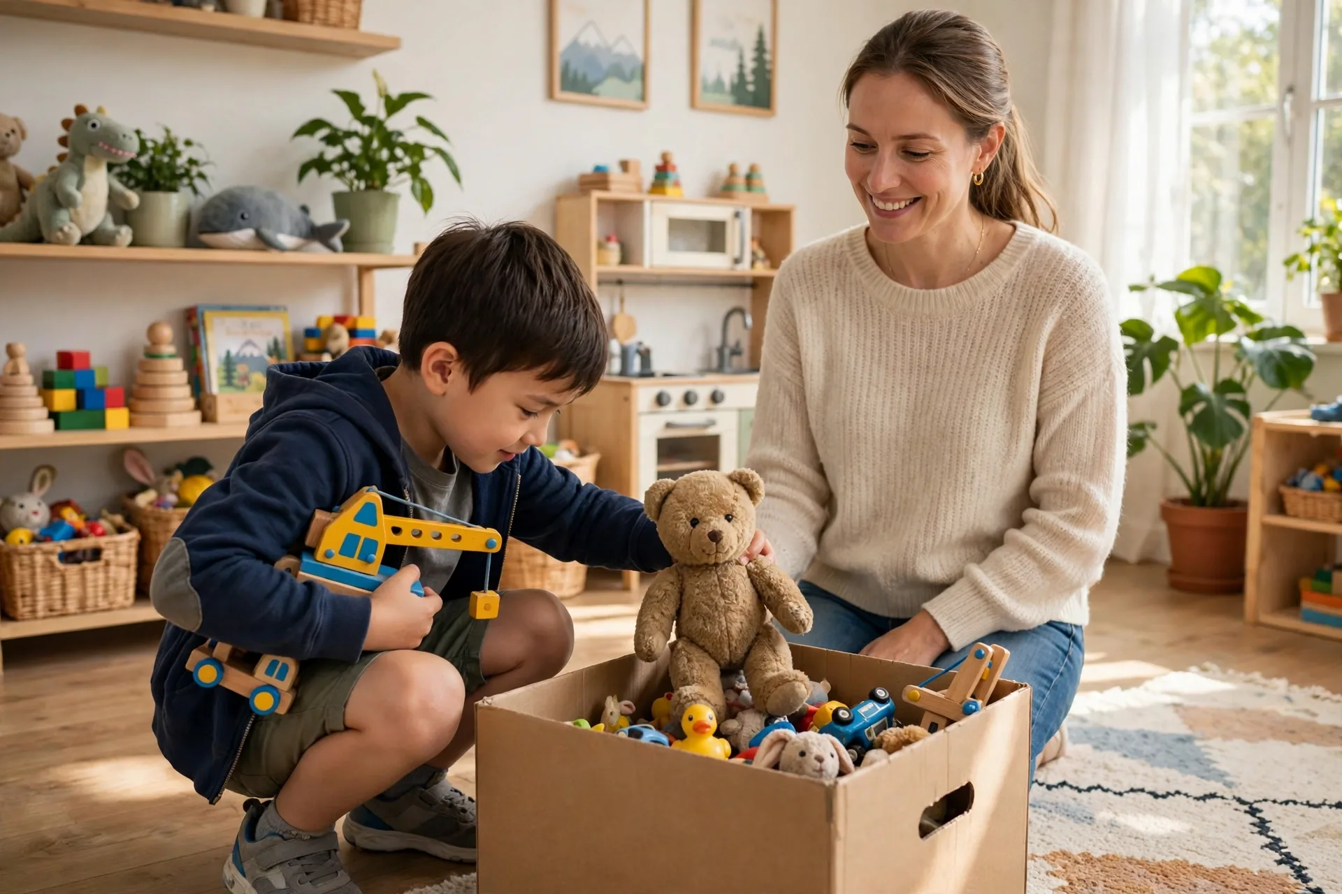 A child choosing one new toy while placing an old toy into a donation box