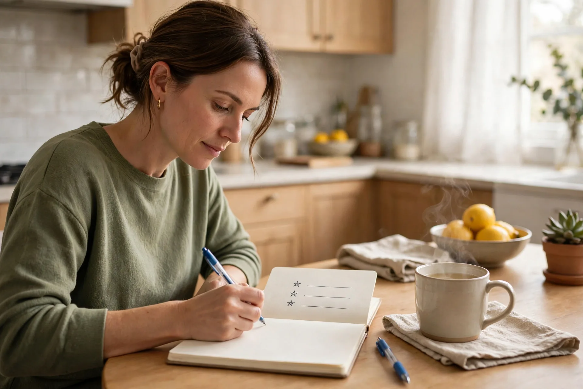 A mom writing in a single notebook at a kitchen table, one tidy list with three items starred