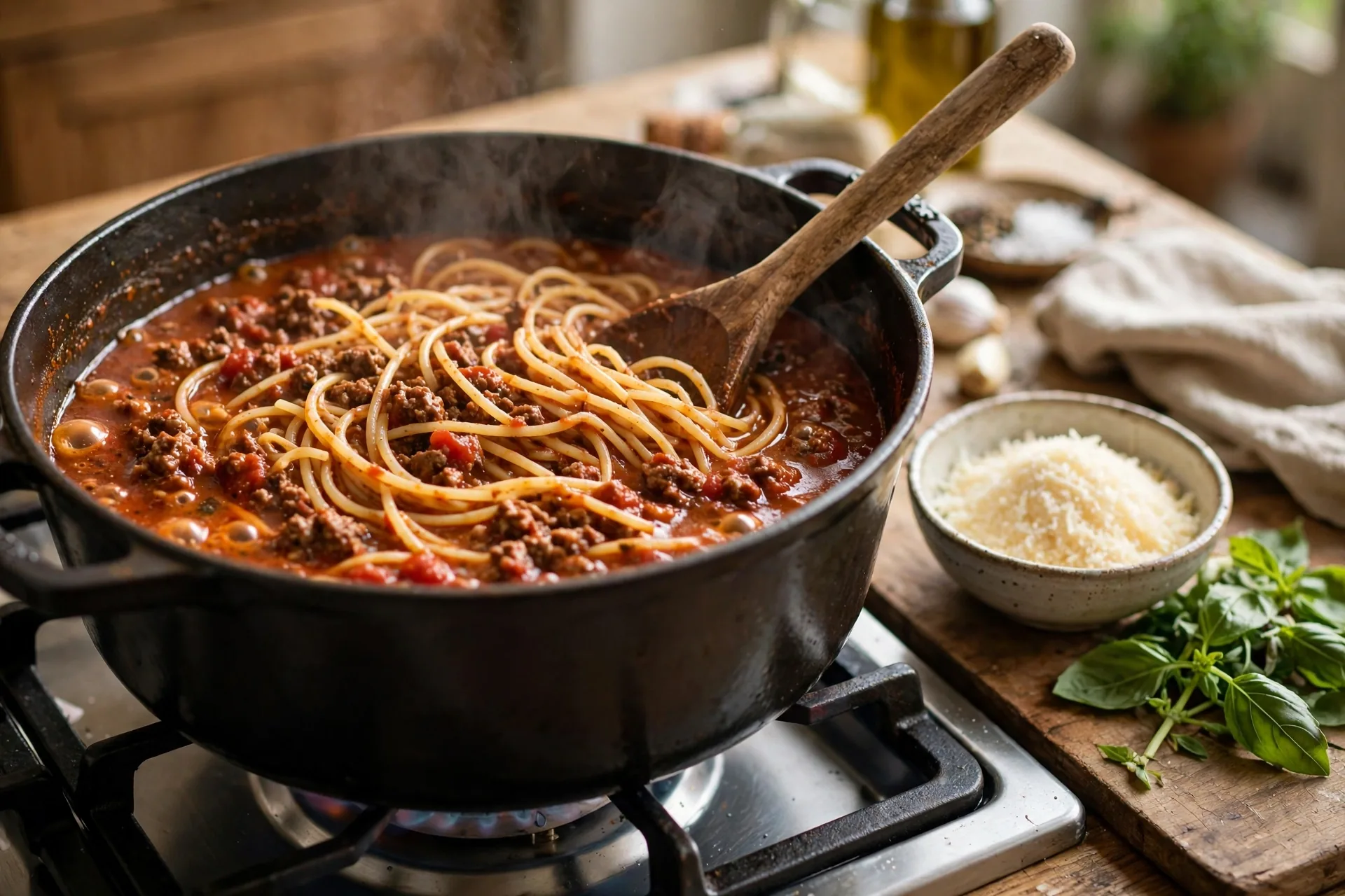 One-pot spaghetti with meat sauce simmering in a large pot with parmesan and basil