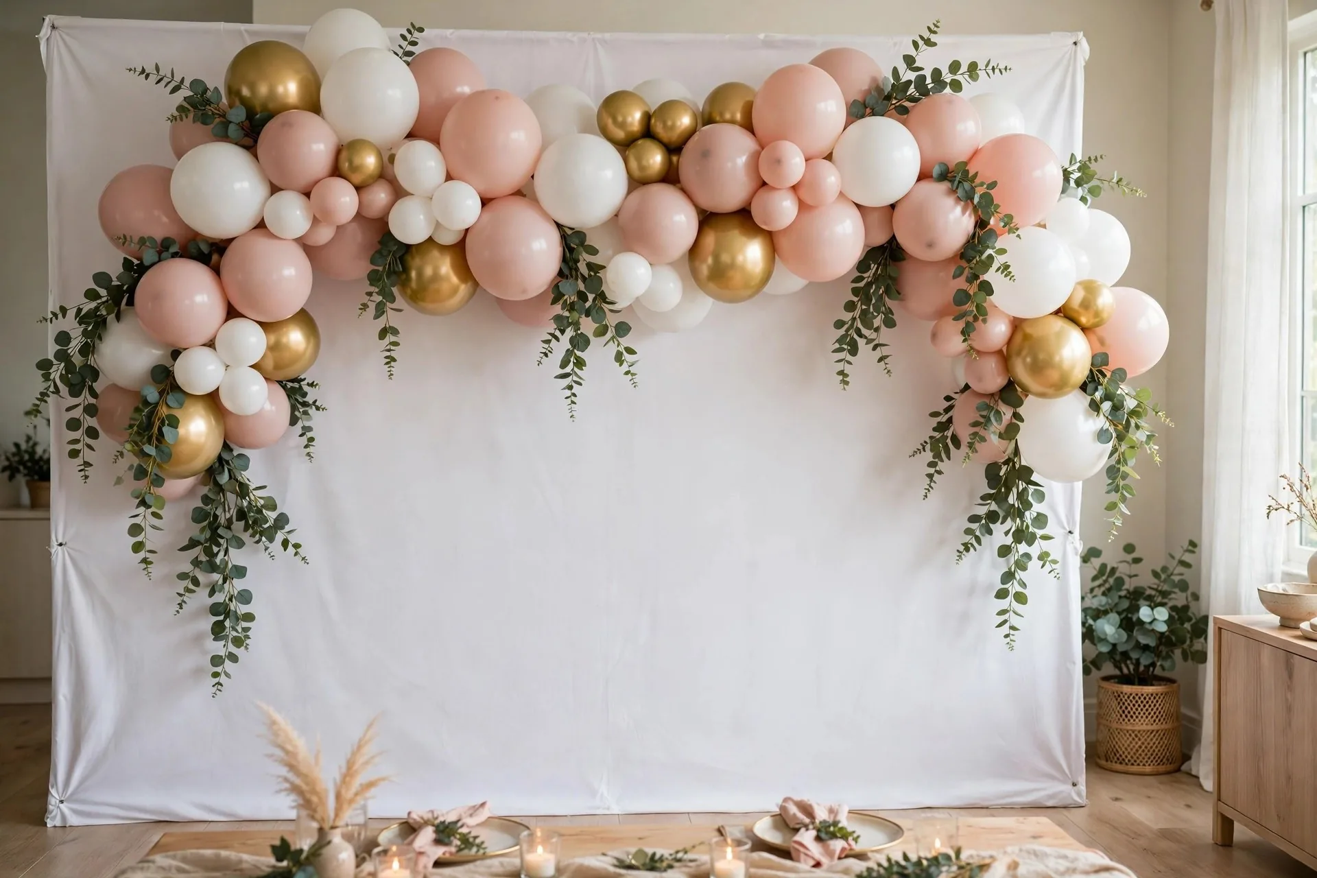 Organic balloon garland arch in blush pink white and gold with greenery over a backdrop wall