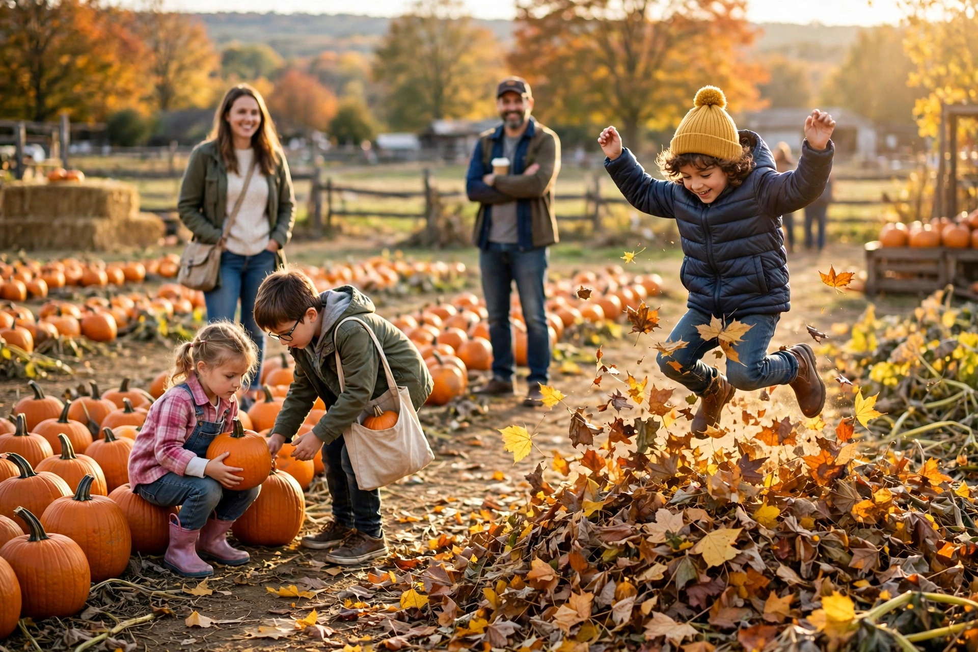 Kids picking pumpkins and jumping in leaf piles at a pumpkin patch