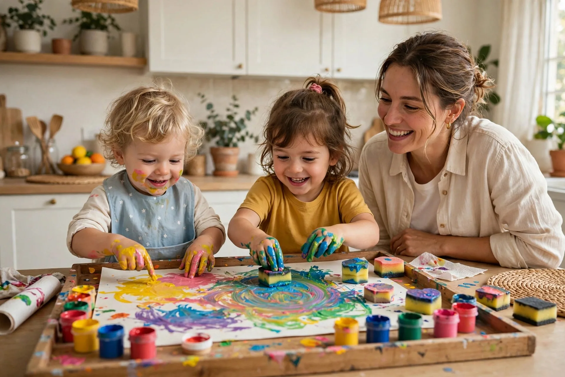 Toddler and preschooler finger painting with bright washable paint on a tray