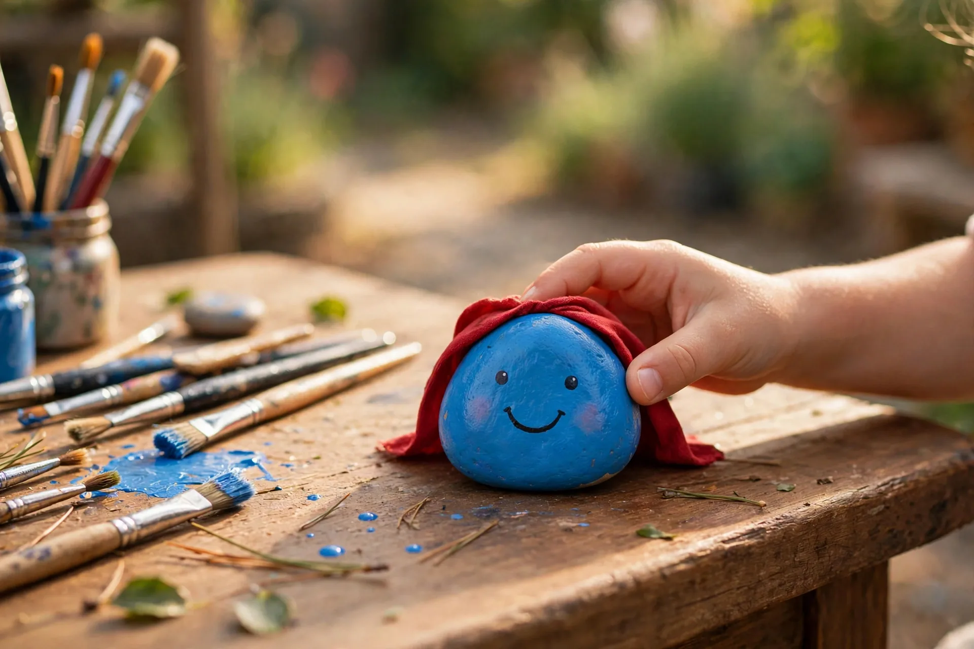 A smooth rock painted bright blue with a smiling face and a small red cape on a wooden table