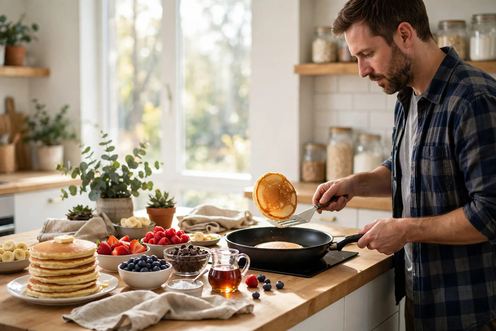 A kitchen counter pancake bar with berries, chocolate chips, and syrup, Dad flipping a pancake