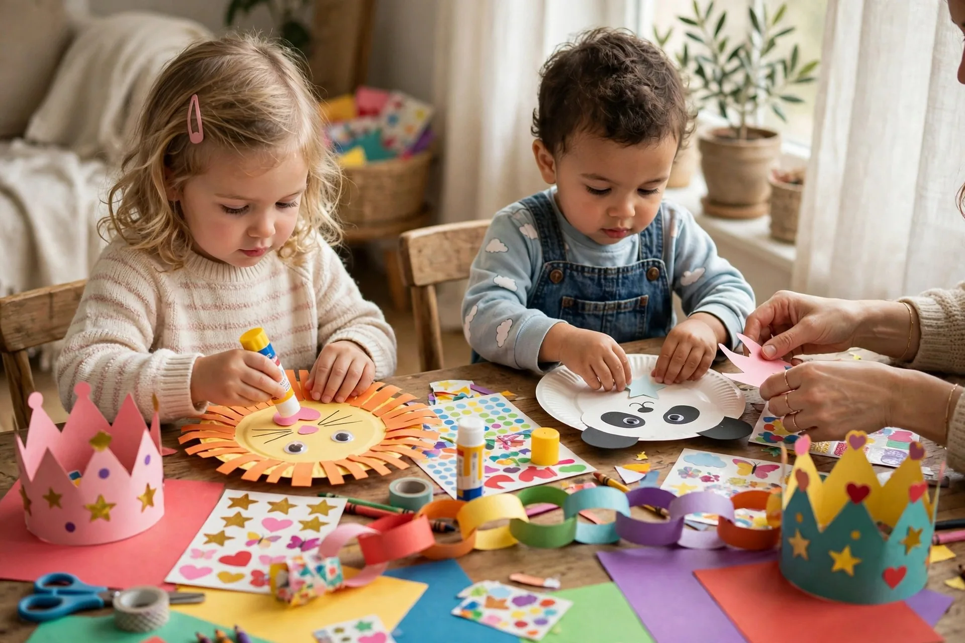 Two young kids making paper plate animals, paper crowns and sticker collages at a craft table