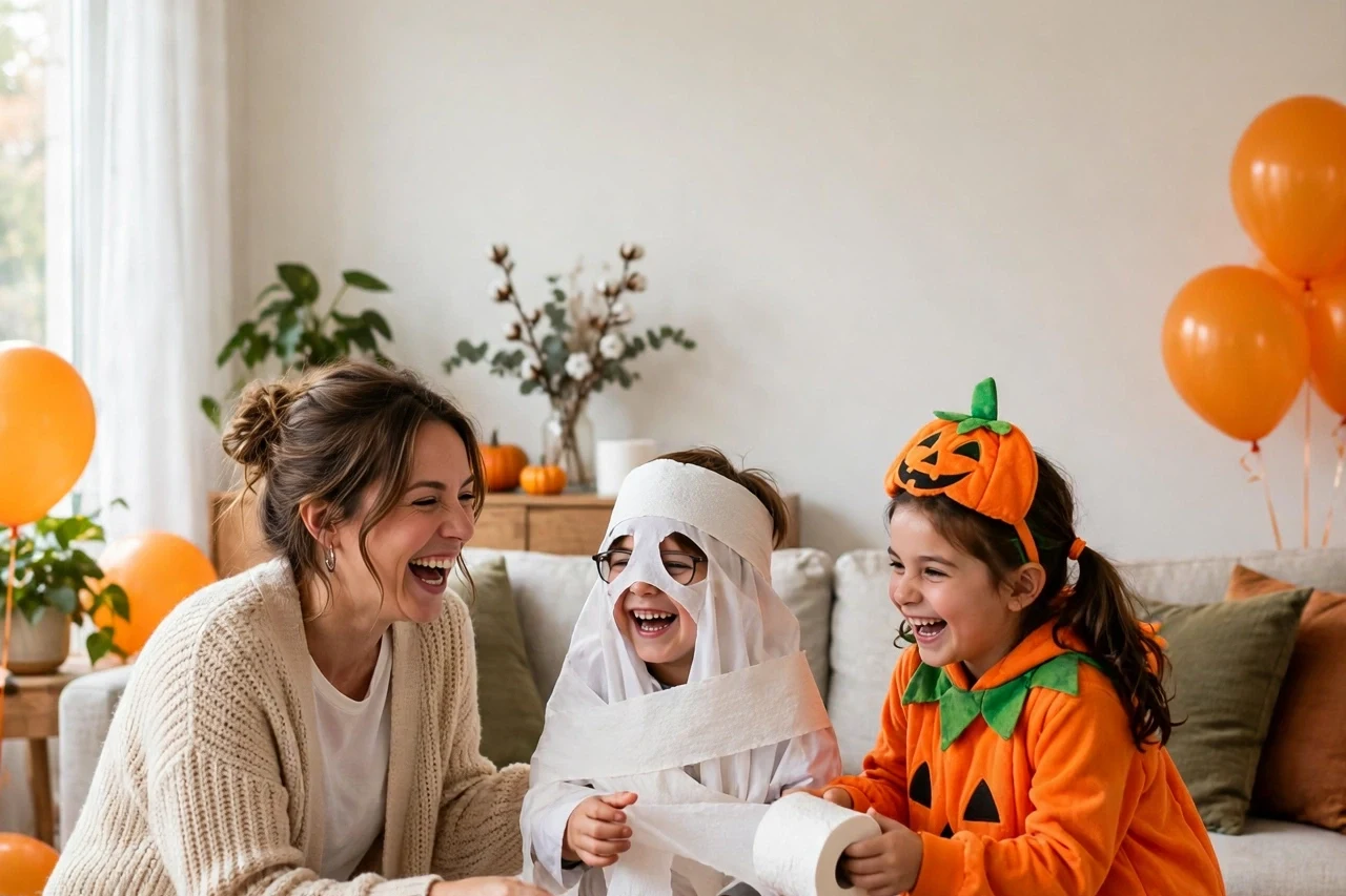Mom and kids playing the toilet-paper mummy wrap game at a Halloween party